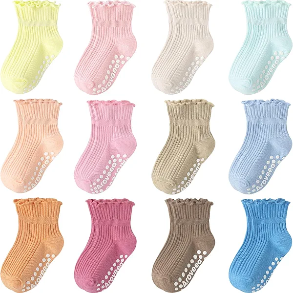 Aroveea Baby Toddler Girls Socks Grip Ruffle Non Slip Girls Cotton 12 Pack Socks for Kids Cute Ankle 6M-7Years