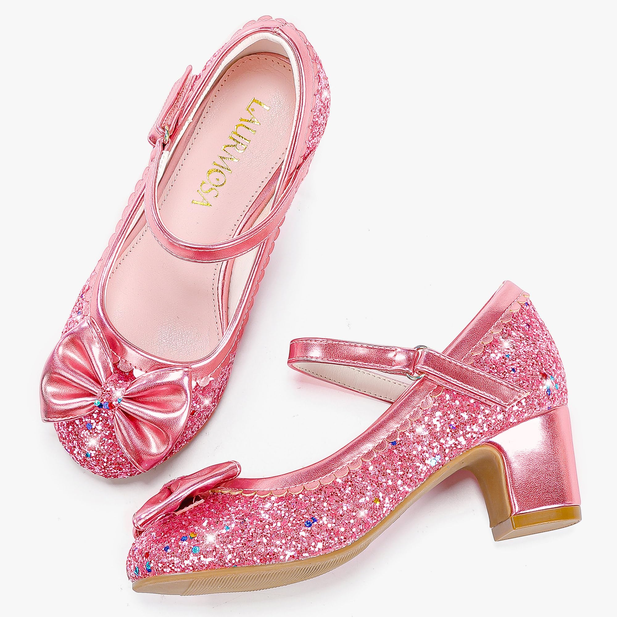 LAURMOSA Glitzer Prinzessin Schuhe Mädchen Mary Jane Riemchen Pumps mit Schleife Stöckelschuhe Kinder Party Hochzeit Geburtstag