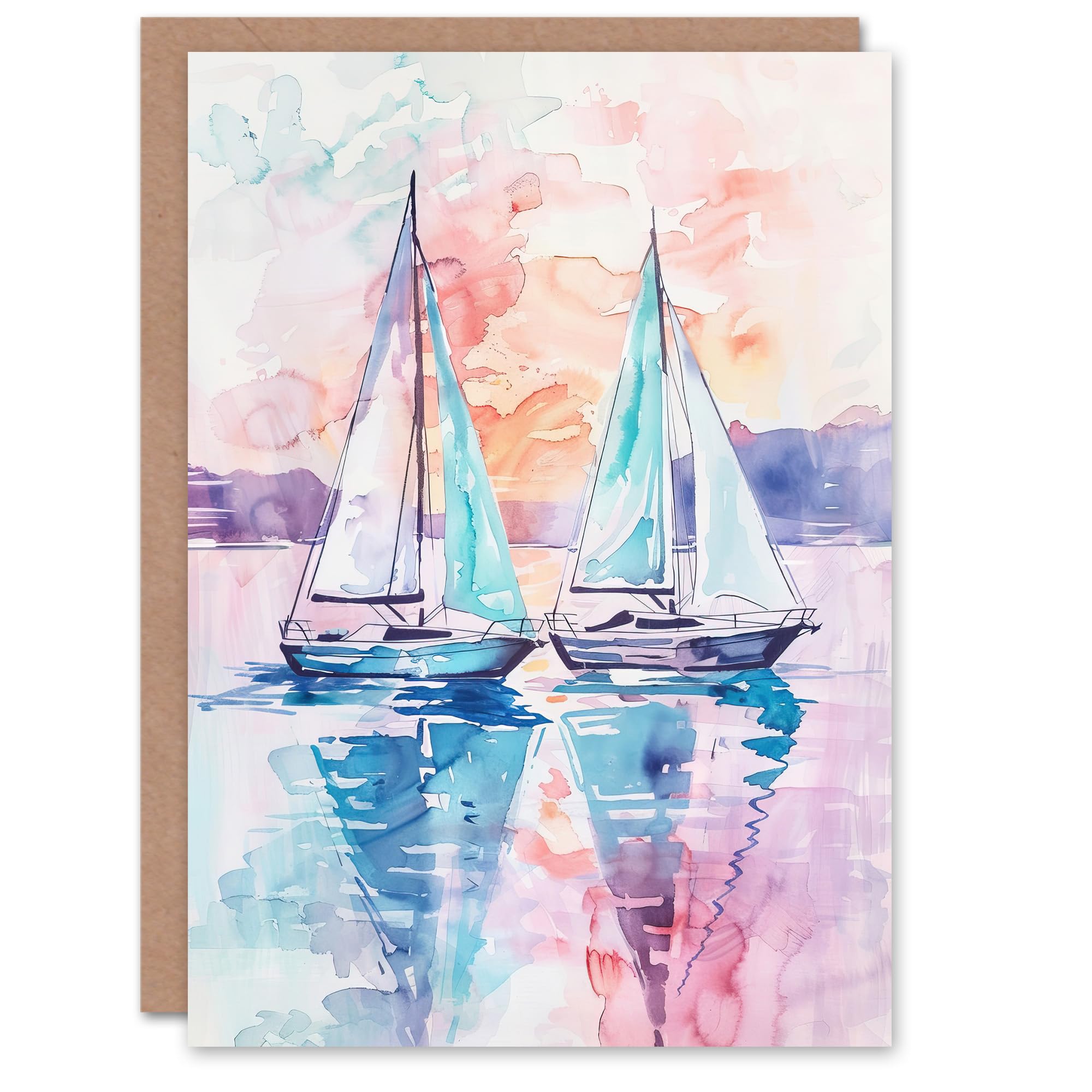 Artery8 Greeting Card Sailboats at Sunset Seascape Watercolour Painting Blank For All Him Or Her Art Birthday Card