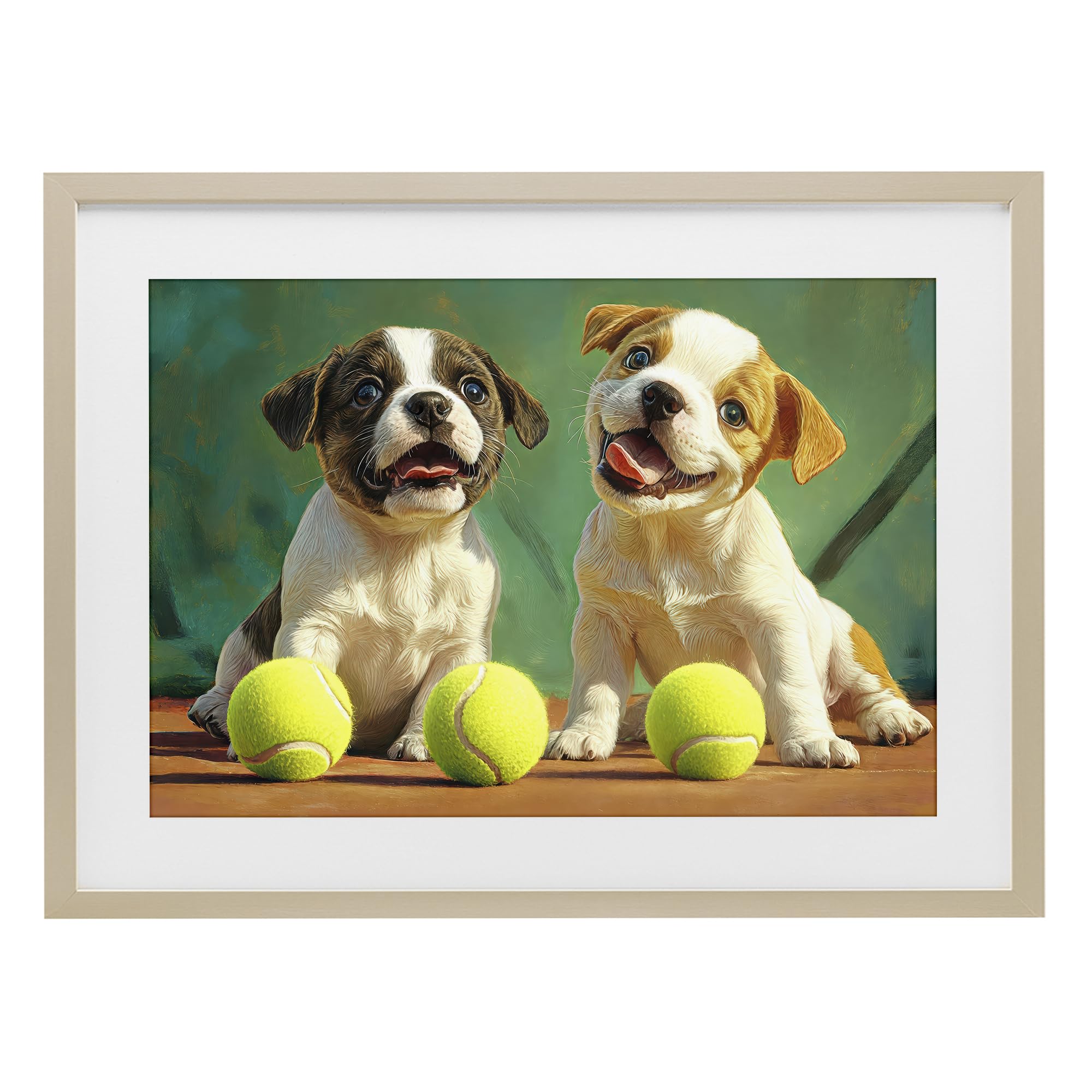 Stupell Industries 'Adorable Puppies with Tennis Balls', Framed Print Under Glass, Brown, 23 x 17 Inches, Easy to Hang and Sturdy, Made in USA, by Imagine It Images