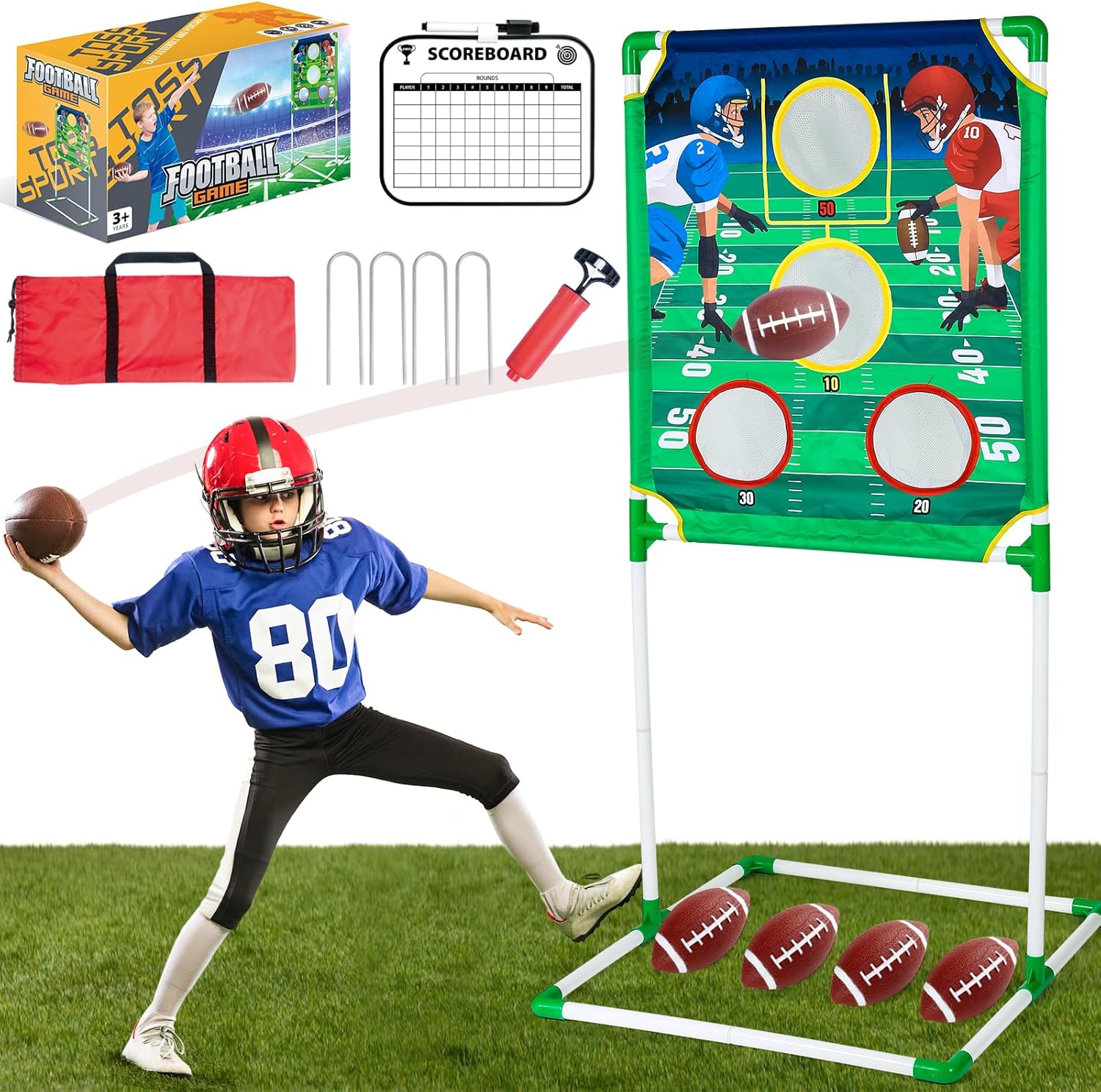 JIMI Football Toss Game, Indoor Outdoor Kids Football Throwing Target Game with 56-Inch Target 4 Inflatable Toy Footballs, Sport Toys for Kids 5-7 6-8 8-12 Carnival Party Football Game for All Ages