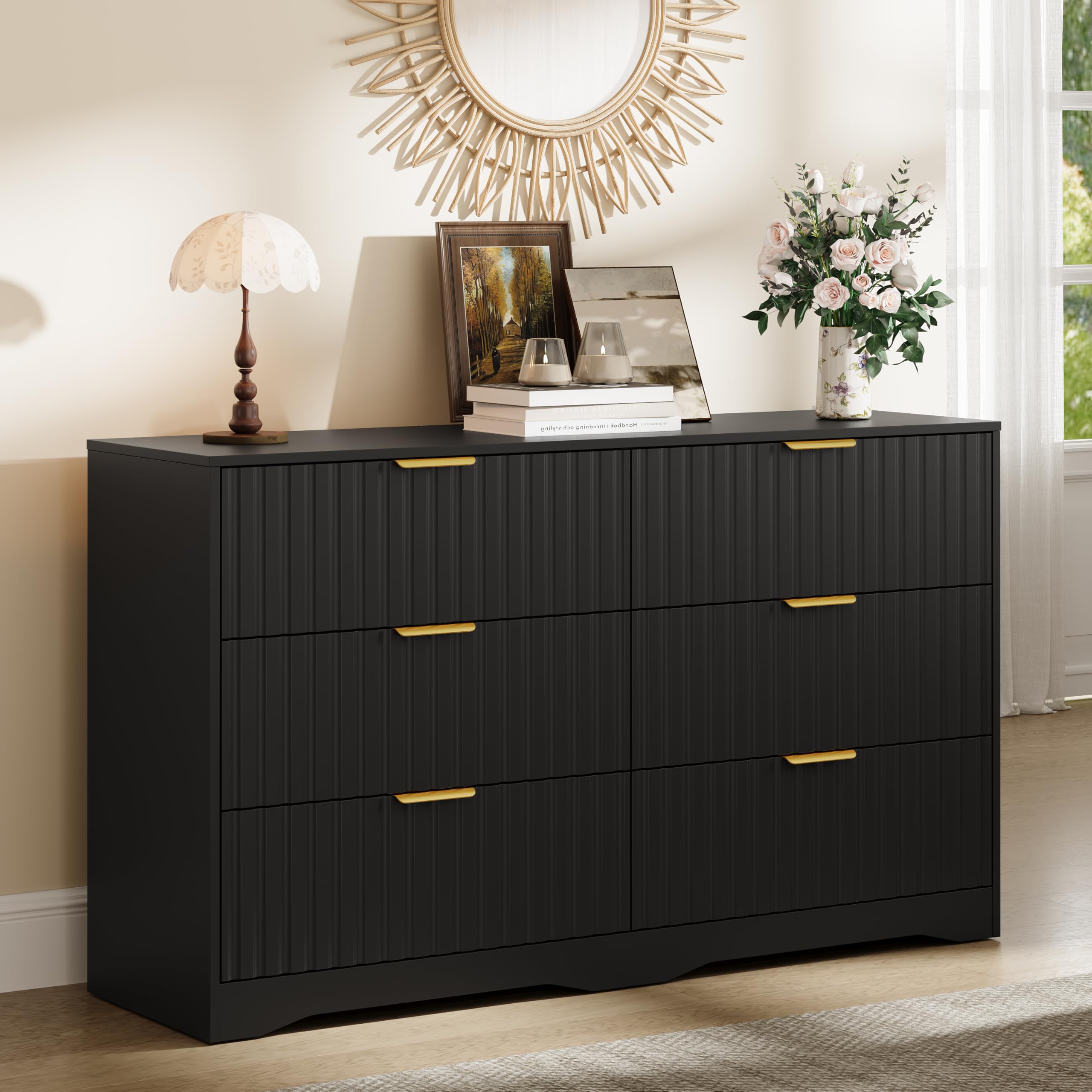 Fluted 6 Drawer Dresser for Bedroom,Wide Chest of Drawers,Black