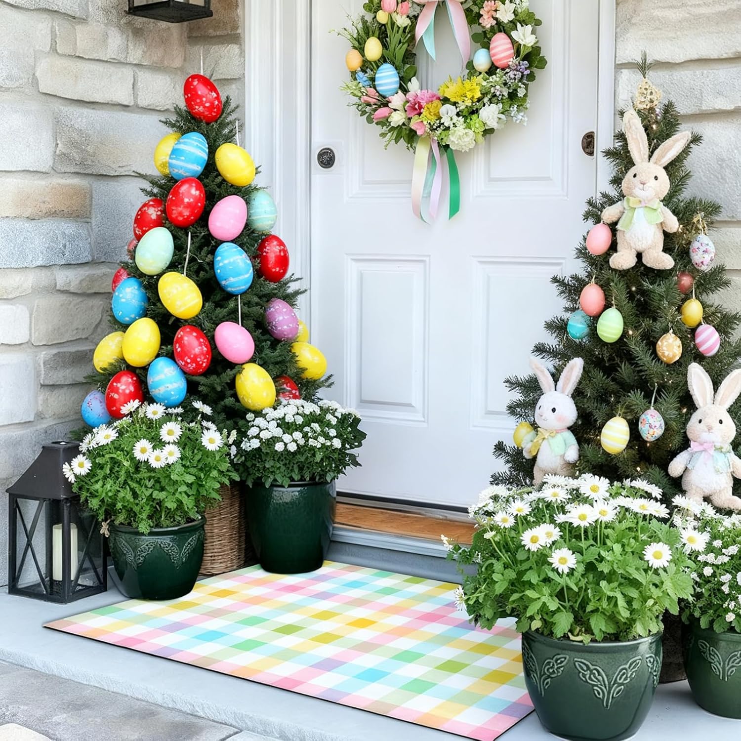 Duraaamo Spring Pastel Checkered Rug, 24 x 35 Inch Checkered Area Rug Outdoor Colored Front Porch Door Mat Welcome Spring Layering Rustic Mat, Entryway Farmhouse Decor