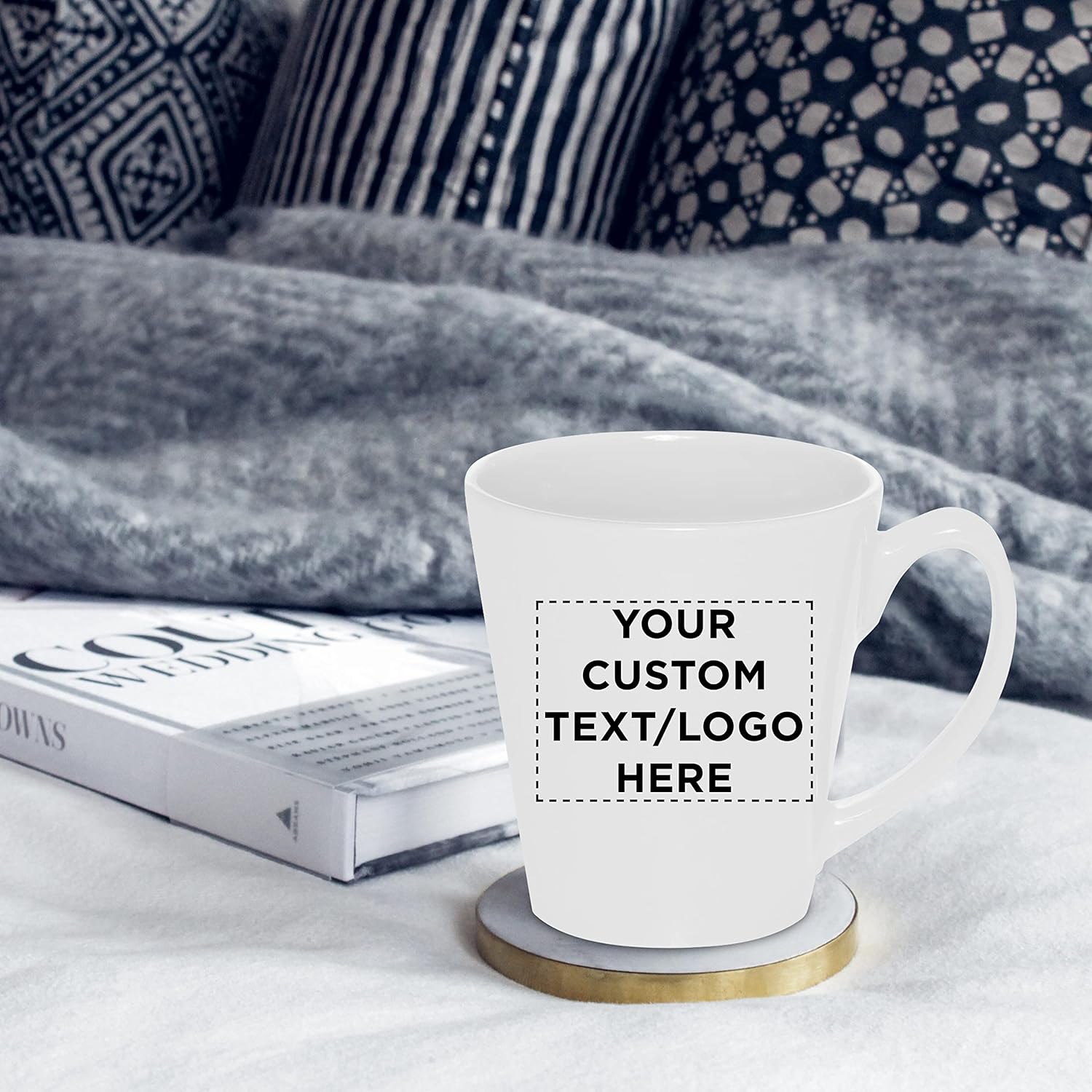 DISCOUNT PROMOS Custom Glossy Ceramic Latte Coffee Mug 12oz Set of 10/50/100 Personalized Bulk Pack Perfect Tea Espresso Cappuccino Hot Cocoa - White