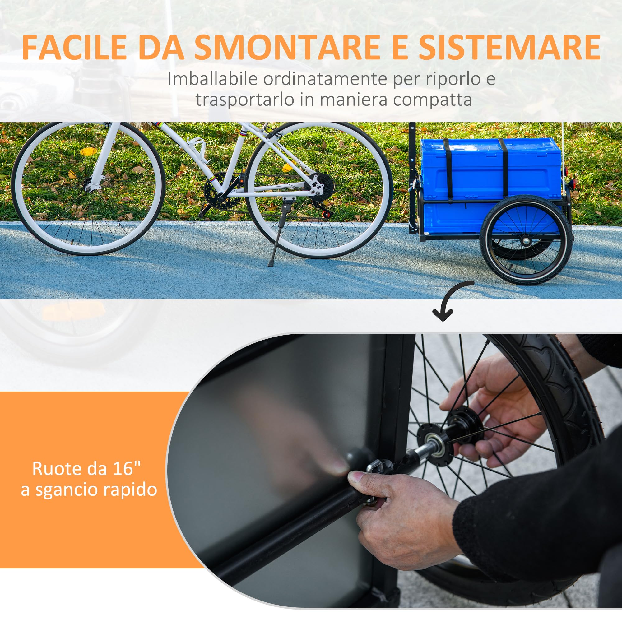 HOMCOM Rimorchio Bici ad Altezza Regolabile con Box Portaoggetti da 65L in Plastica, Bandiera, Catarifrangenti e Strisce Riflettenti, Rimorchio per Bici in Acciaio, 145x61x76/81 cm, Blu
