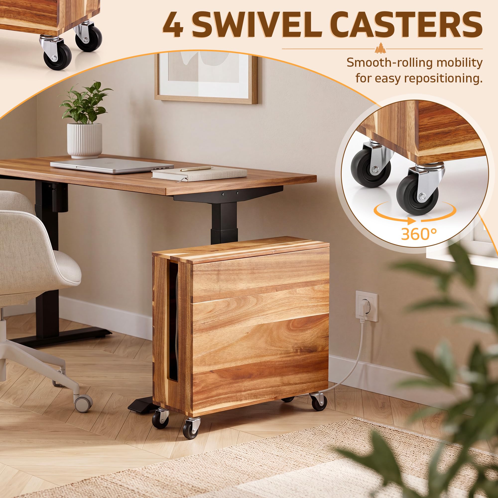 Briwooody Scatola di gestione dei cavi extra large con ruote girevoli, regolabile, per ciabatte, router in legno di acacia, protezione contro le sovratensioni, per ufficio, casa (colore legno)