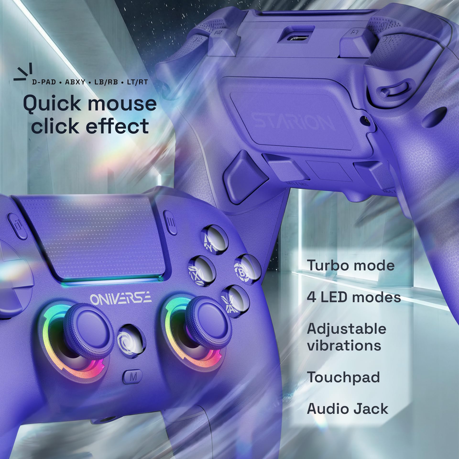 Oniverse Controller wireless per PS5/PC/Steam Deck - Starion - Joystick e grilletti Hall Effect, Palette macro programmabili, Grilletti L4/R4, Touchpad, Anti-Drift, Bluetooth/USB-C - Purple