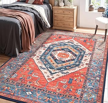 SERISSA Area Rug 3x5 Boho Rugs for Bedroom, Washable Non-Slip Kitchen Rugs, Ultra Soft Print Distressed Tribal Rust Rug Low-Pile Throw Rug Carpet for Entry Bedroom Nursery Living Room Dorm Decor