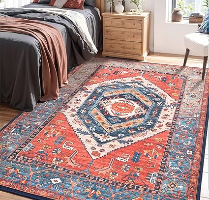 SERISSA Area Rug 3x5 Boho Rugs for Bedroom, Washable Non-Slip Kitchen Rugs, Ultra Soft Print Distressed Tribal Rust Rug Low-Pile Throw Rug Carpet for Entry Bedroom Nursery Living Room Dorm Decor