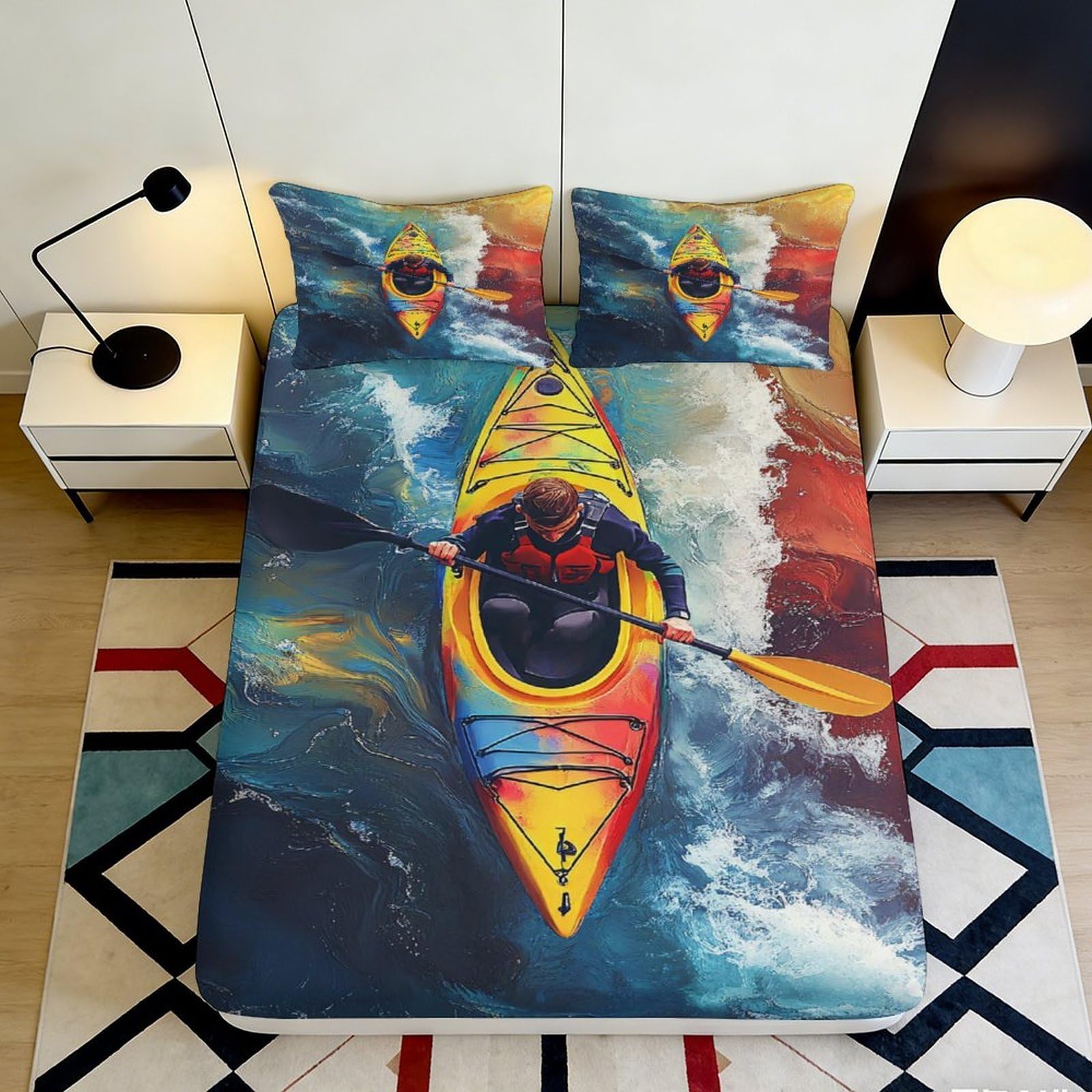 3D Printed Kayak Adventure Fitted Sheet Microfiber Anti-Slip Water Sports Mattress Cover Bedroom Decor 90x200x25cm