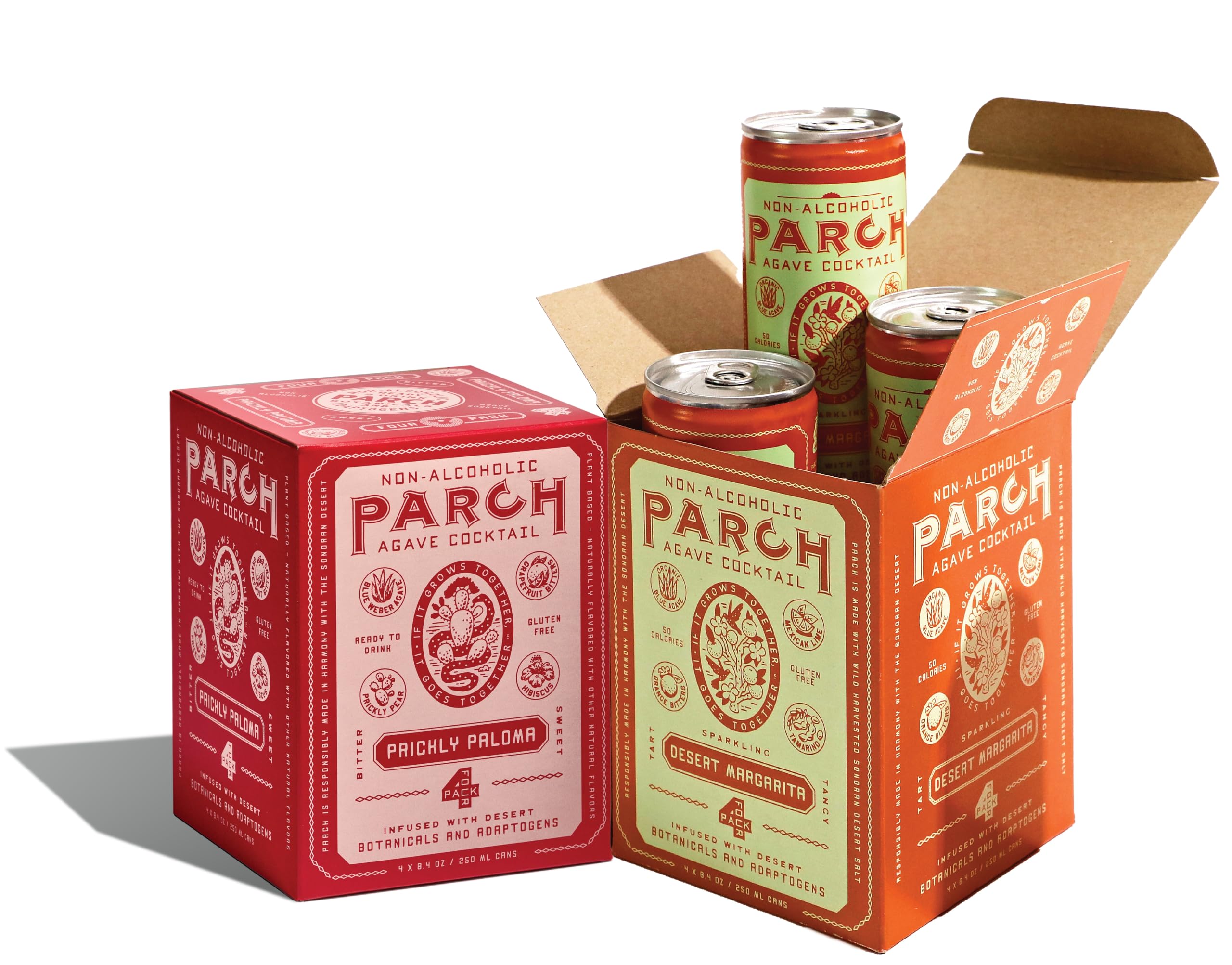 PARCH Desert Margarita + Prickly Paloma Variety Pack, Ready to Drink Non Alcoholic Agave Cocktail Infused with Desert Botanicals & Adaptogens, Plant Based, Gluten Free & Vegan (8.4 oz x 8 pack)