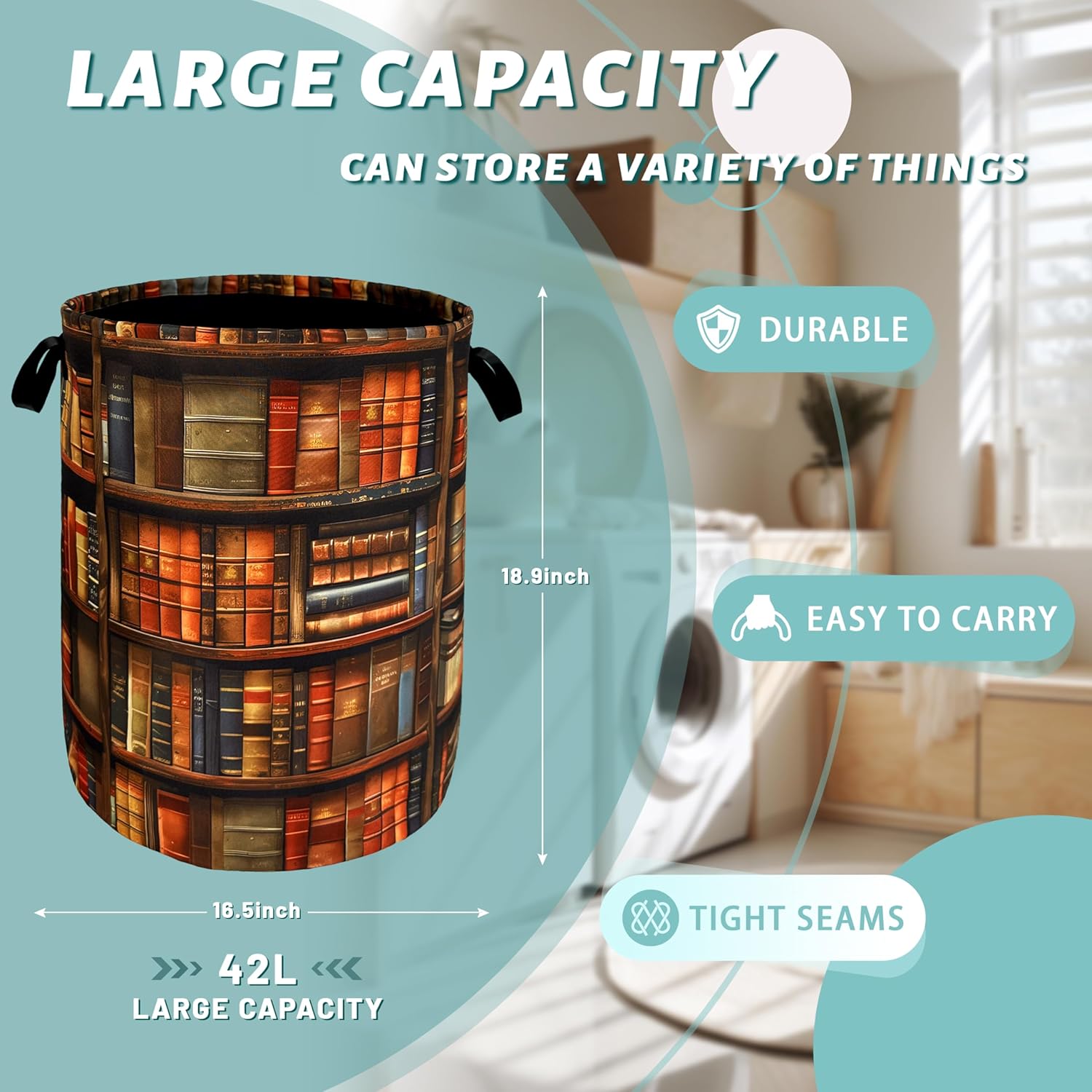 Retro Wooden Bookshelf Pattern Laundry Hamper Books Laundry Basket With Handles Foldable Oxford Cloth Funny Tote Bag Clothes Toy Storage Bucket 18.9"x16.5" For Bathroom/Laundry/Bedroom