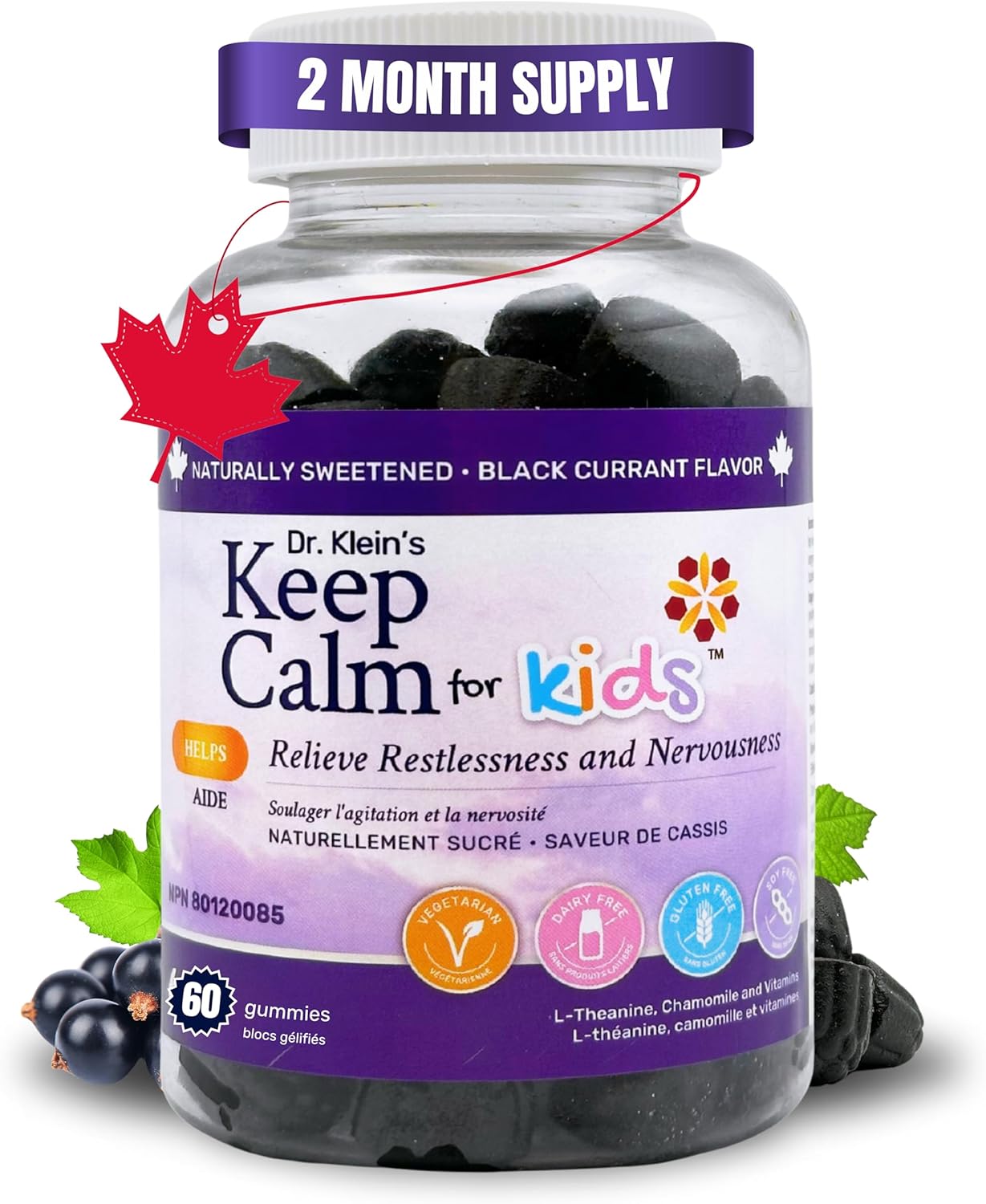 Dr. Kleins Keep Calm For Kids Gummies. Black Currant. Includes 100mg of L Theanine For Relaxation, Restlessness & Nervousness Support. Chamomile Extract Vitamins & Minerals to Support Stress Relief. Naturally sweetened. 30 Day Supply. 60 Gummies.