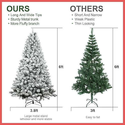 Miniatura 3 de Árbol de Navidad flocado de 6 pies, pino artificial flocado, árbol de Navidad con bisagras flocadas con cono de pino, base de metal reforzada y