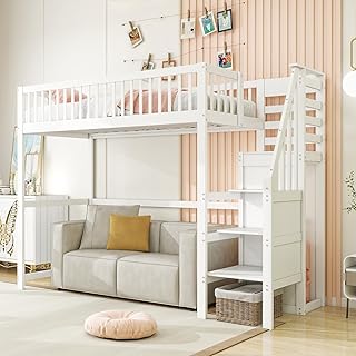 Cama alta de 90 x 200 cm, cama infantil con escalera, cama de madera con estante de almacenamiento, cama juvenil con armario, cama para niños, adolescentes (sin colchón), color blanco
