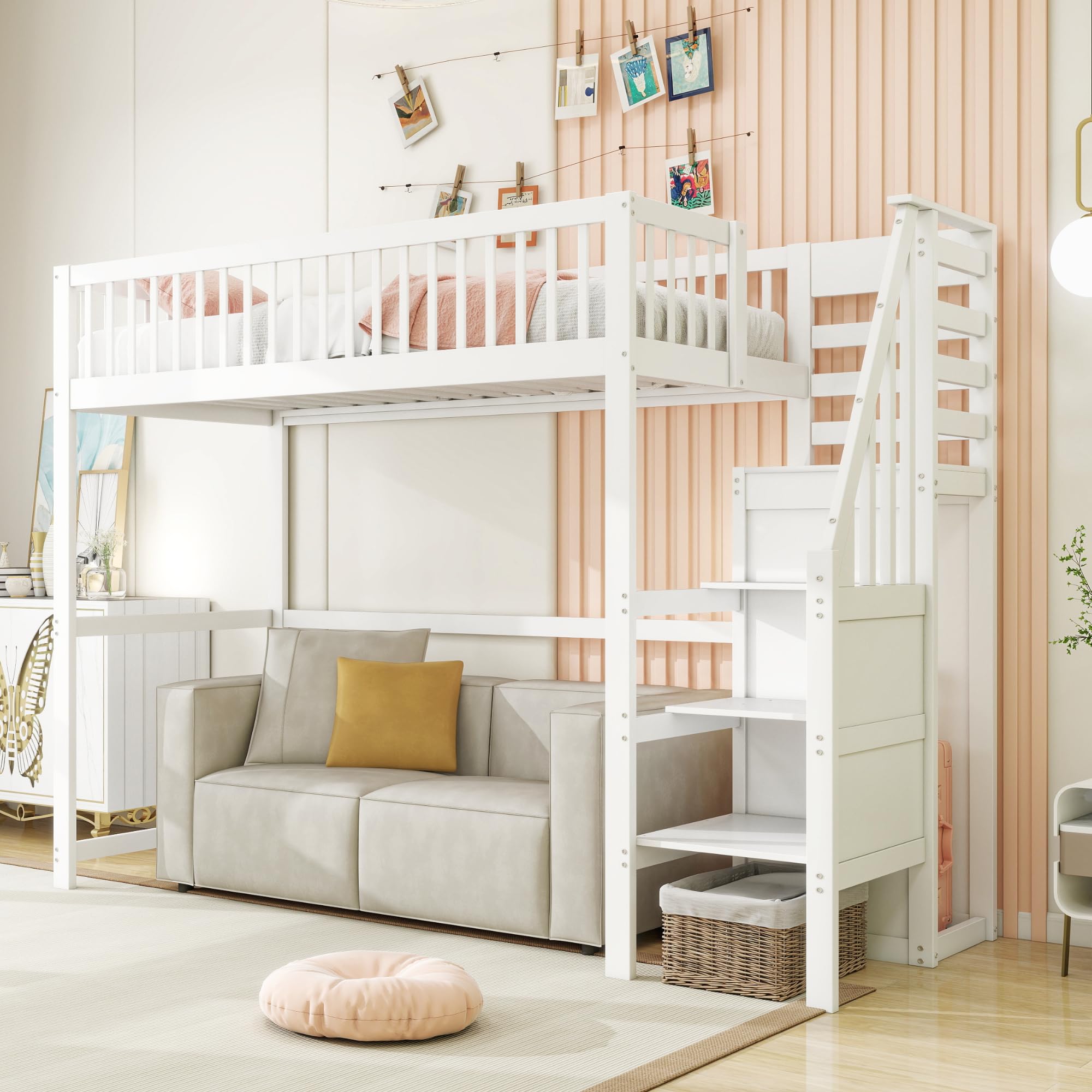 YESGIGA Cama alta 90 x 200 cm con escalera, cuna blanca de madera con estante de almacenamiento, armario sencillo (blanco, 90 x 200 cm)