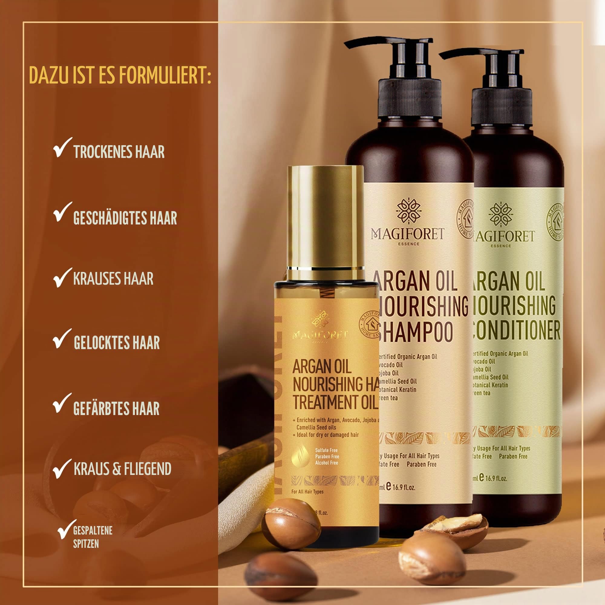 MagiForet Haarpflege Set mit ArganölShampoo 500ml + Conditioner 500ml + Haarserum 100ml, Anti Frizz, Sulfatfrei, Parabenfrei –pflegt Locken, krauses und farbbehandeltes Haarweich und geschmeidig