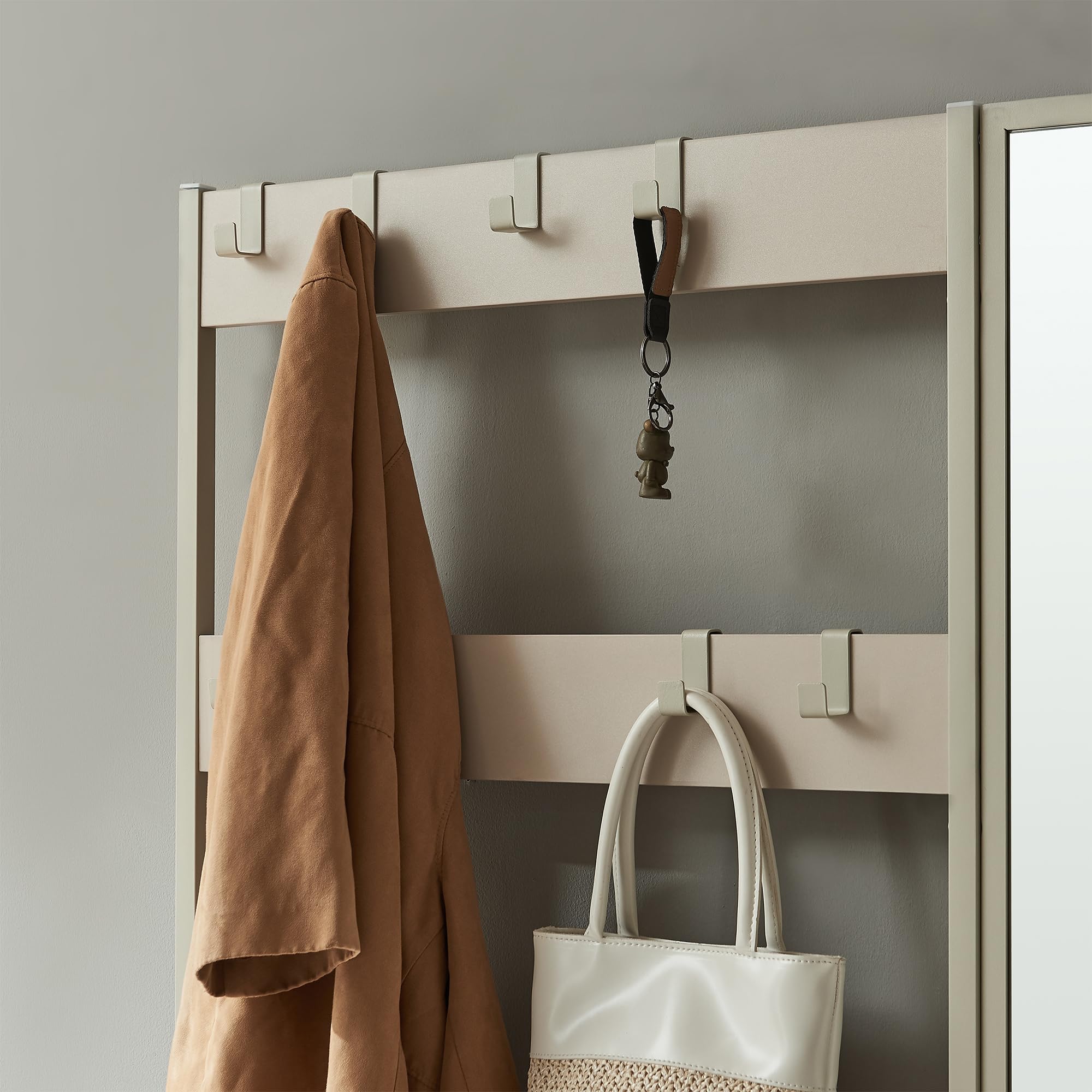 [en.casa] Mueble Recibidor Napinerg con Espejo y Zapatero Recibidor De Entrada Perchero con 7 Ganchos Flexibles Patas Ajustables Aglomerado Metal 185 x 98 x 34 cm - Color Arena