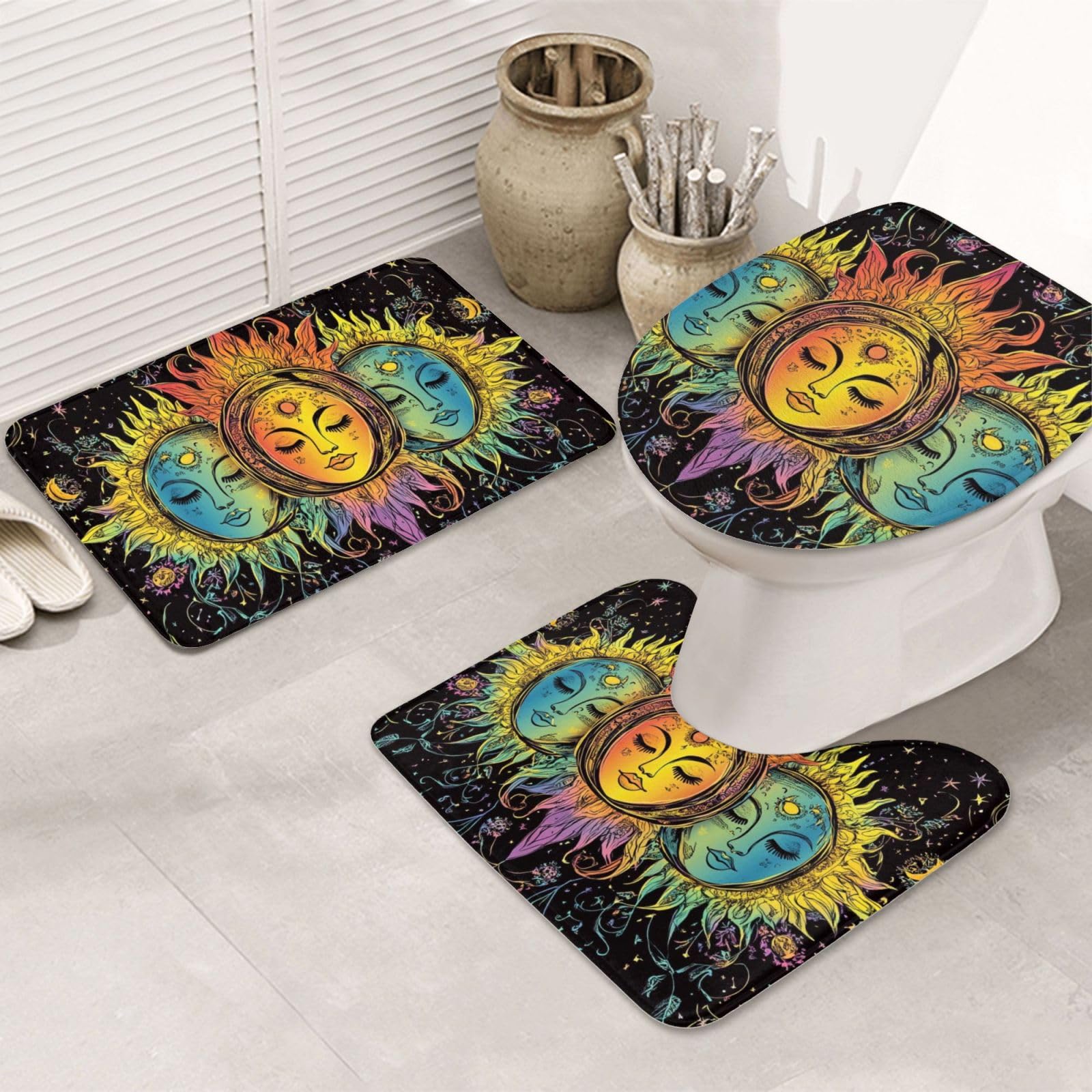 Alfombrilla de baño con estampado ultravioleta y funda de váter de tres piezas lavable
