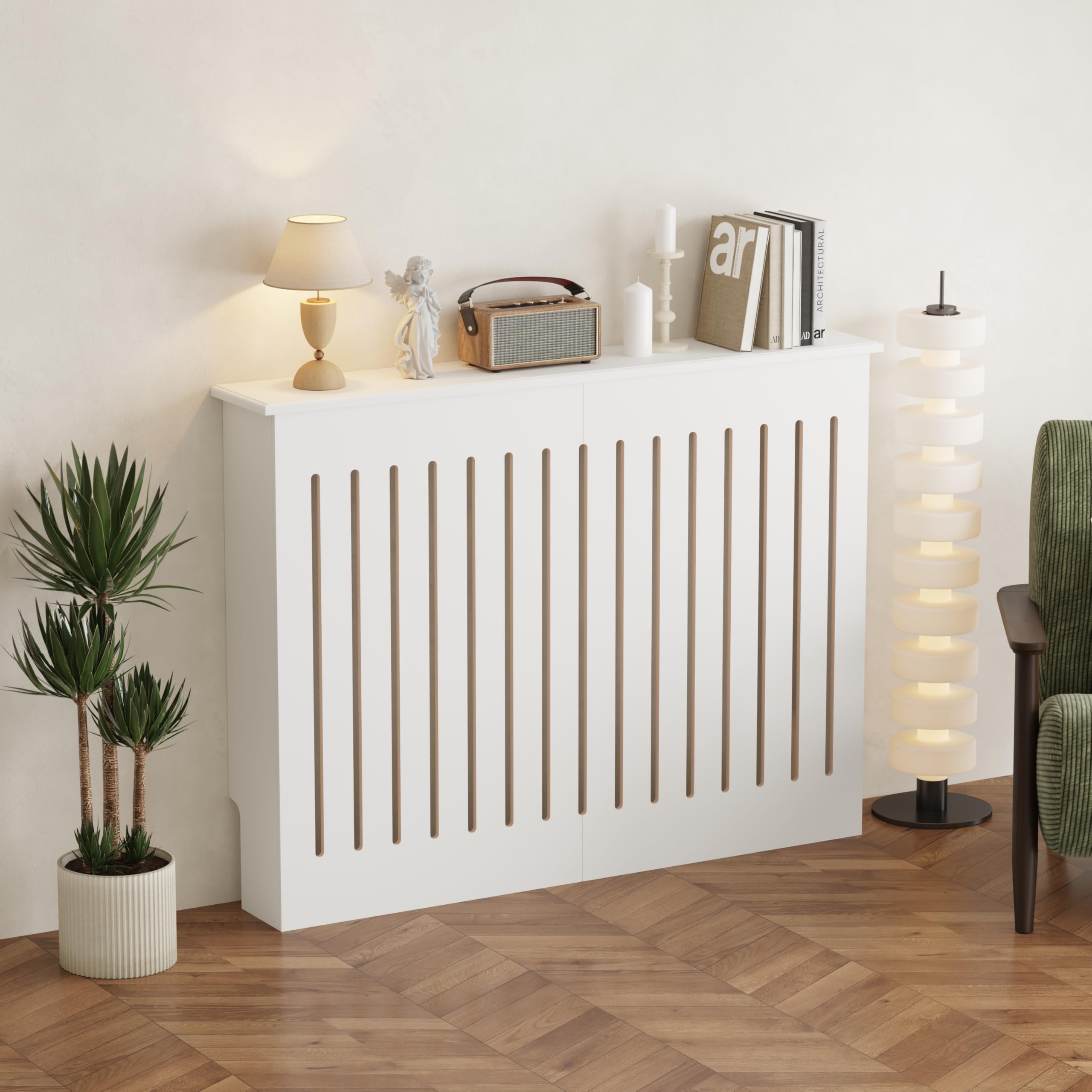 AVC Designs Radiator Cover Modern Stylish MDF Wood White Black Vertical Slat Living Room Bedroom Hallway Cabinet (White Medium)