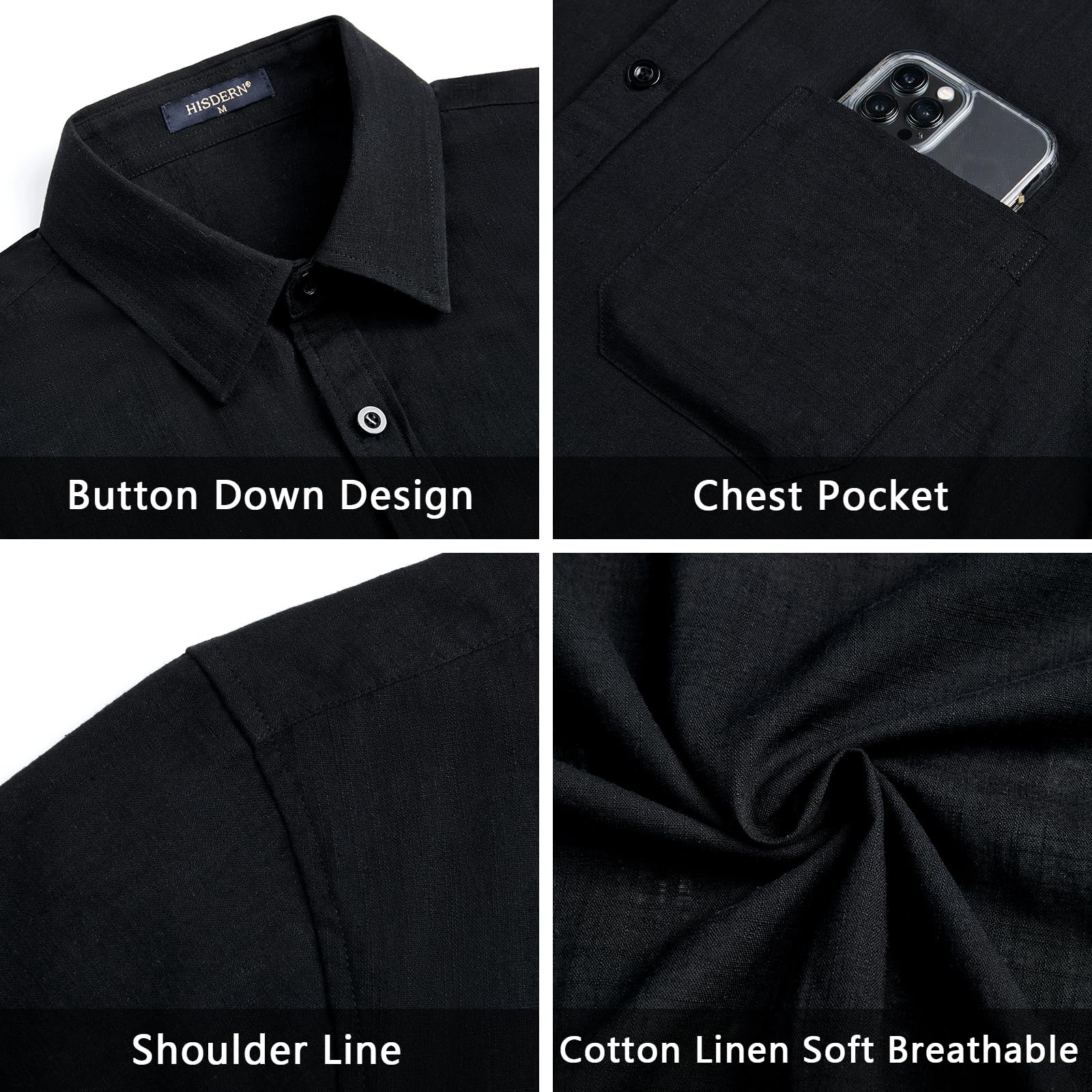 HISDERN Camisa Lino Hombre Manga Corta Casual Verano Color Sólido Camisas Elegante Algodón Camisa con Bolsillo con Botónes Shirt Regular Fit