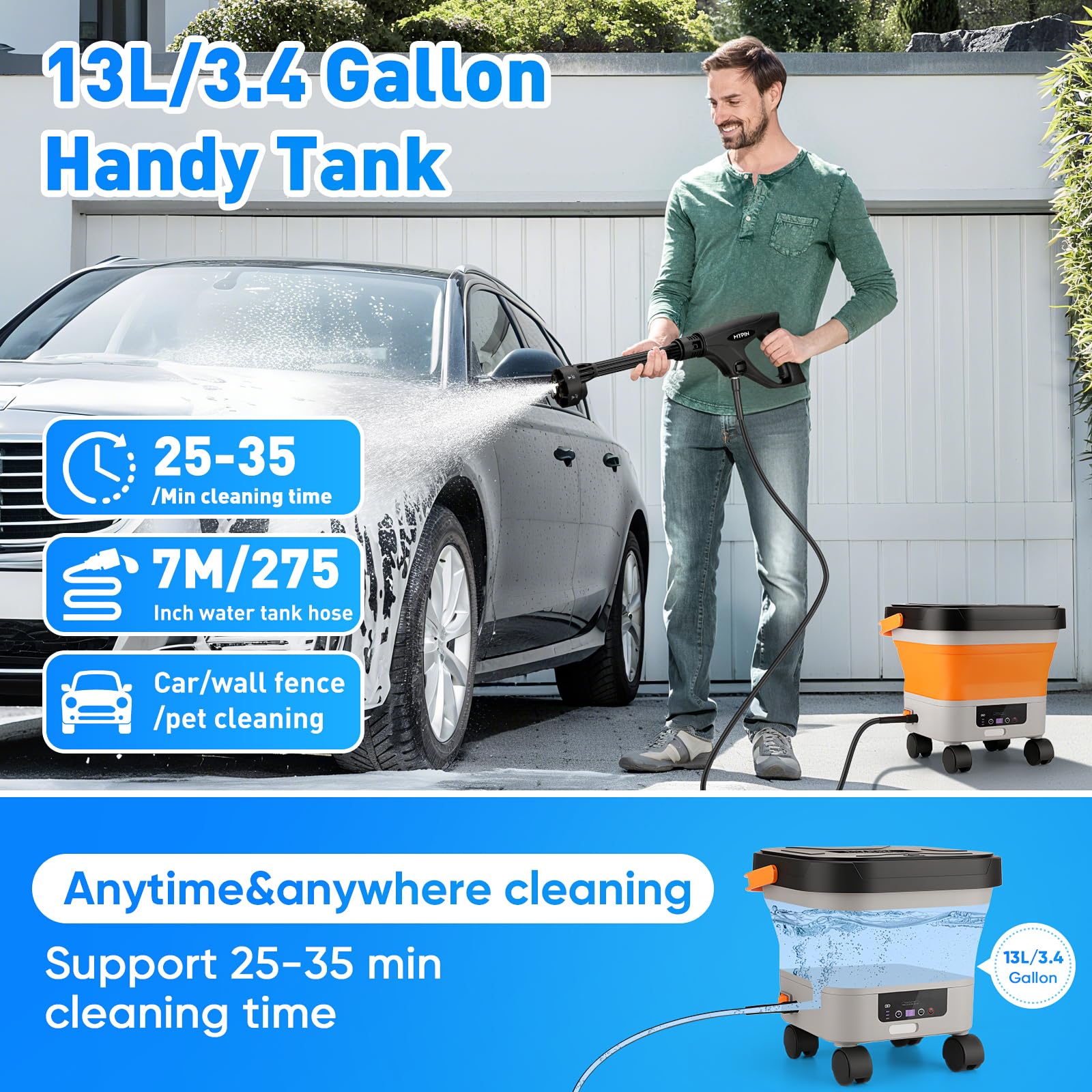 Nettoyeur Haute Pression sans Fil avec Réservoir d'eau Pliable de 12.9L | Buse 6-en-1, 7 Niveaux de Pression Réglables, 660 PSI, pour le Nettoyage des Voitures, Sols, Murs, Clôtures