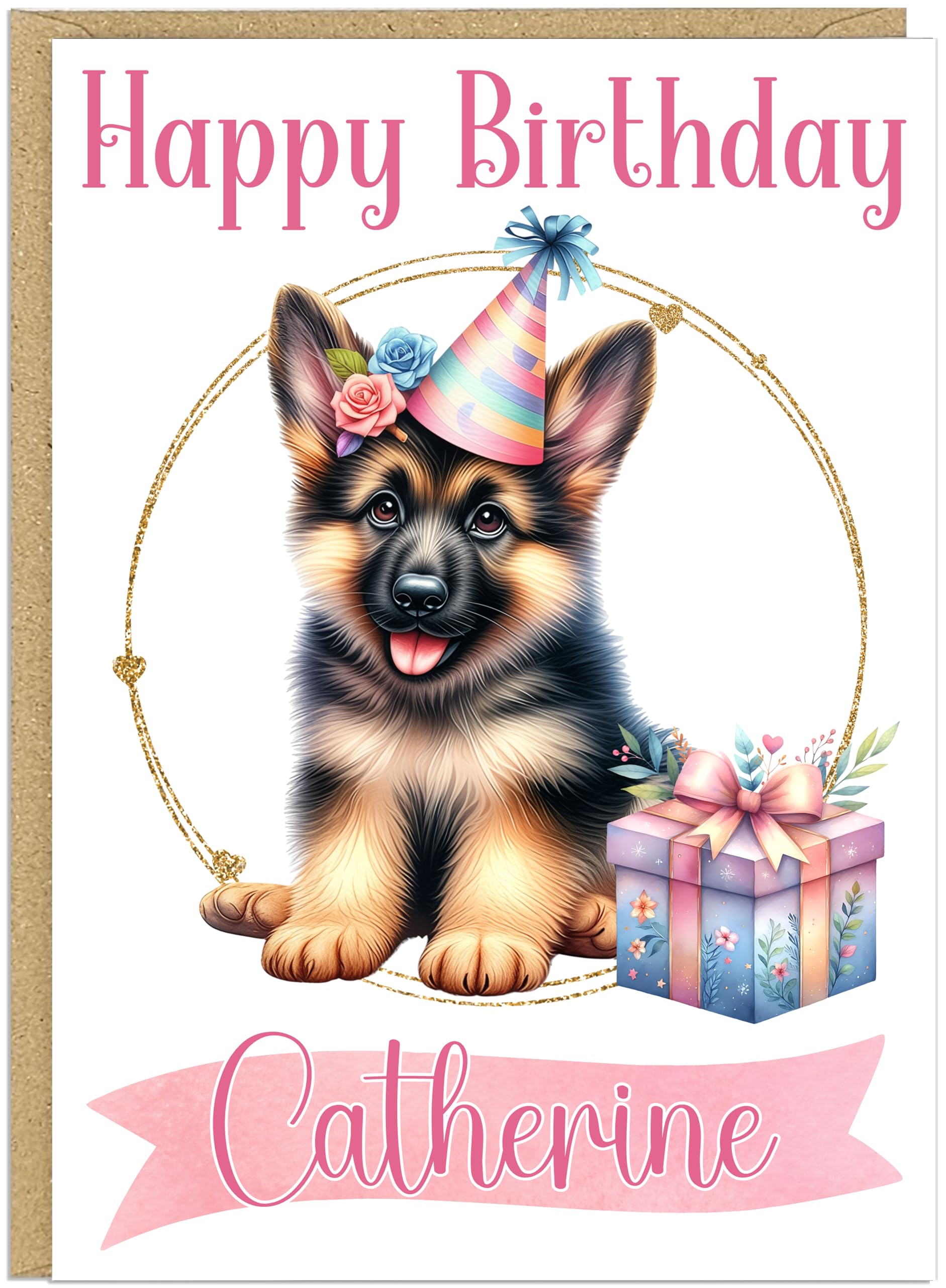 Personalised Happy Birthday Doggy Card For Her - Custom Own Family Friend Name Cute Puppy Dog Breed Design - Dog Lover Birthday Greeting Cards for Mum Grandma Nanna Friend (German Shepherd)