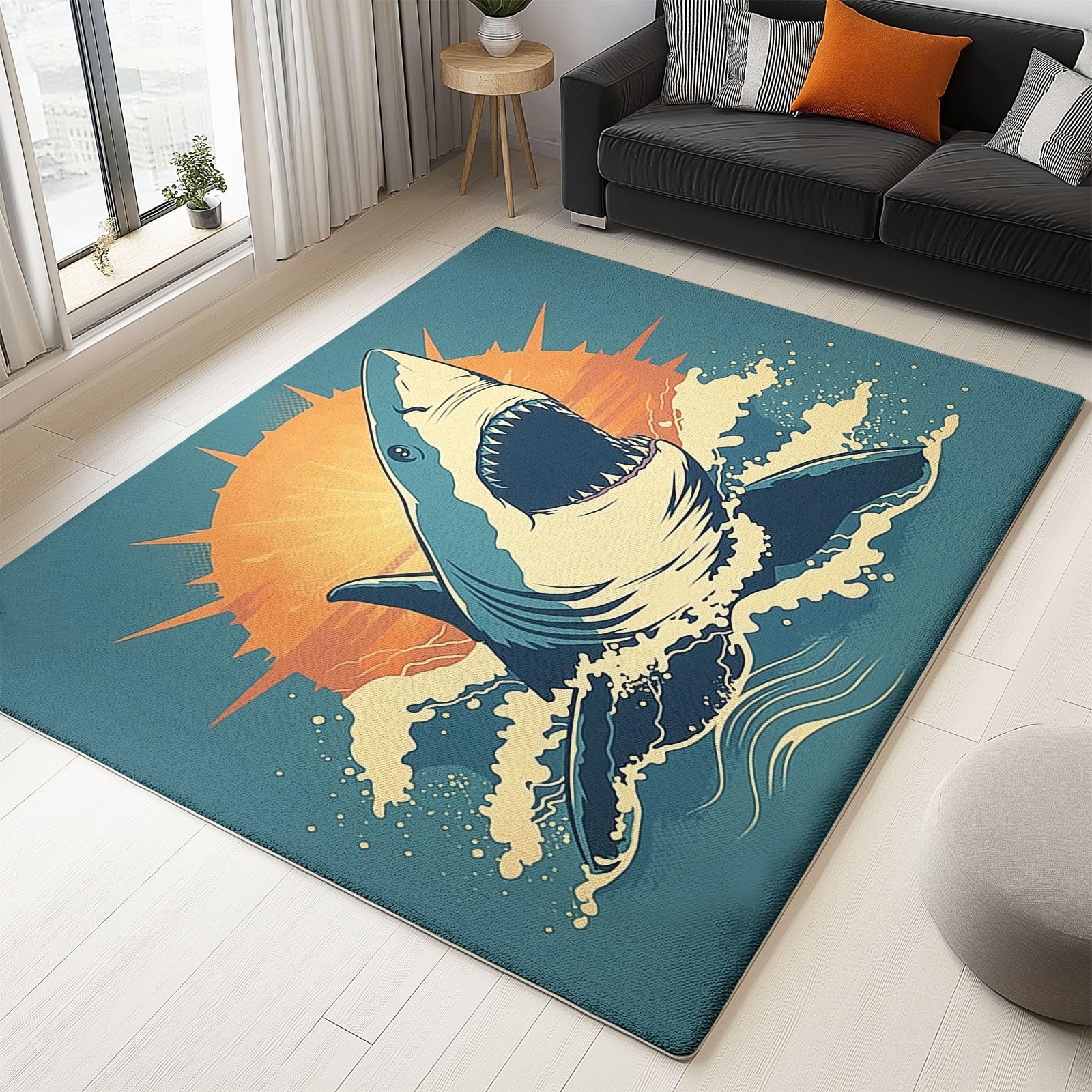 Générique Tapis de Salon Lavable en Machine 140 x 200 cm Doux à Poils Courts Moelleux Surf Vintage Tapis antidérapant, Requin Soleil Vague Style Rétro pour Le l'entrée, la Chambre et la Cuisine