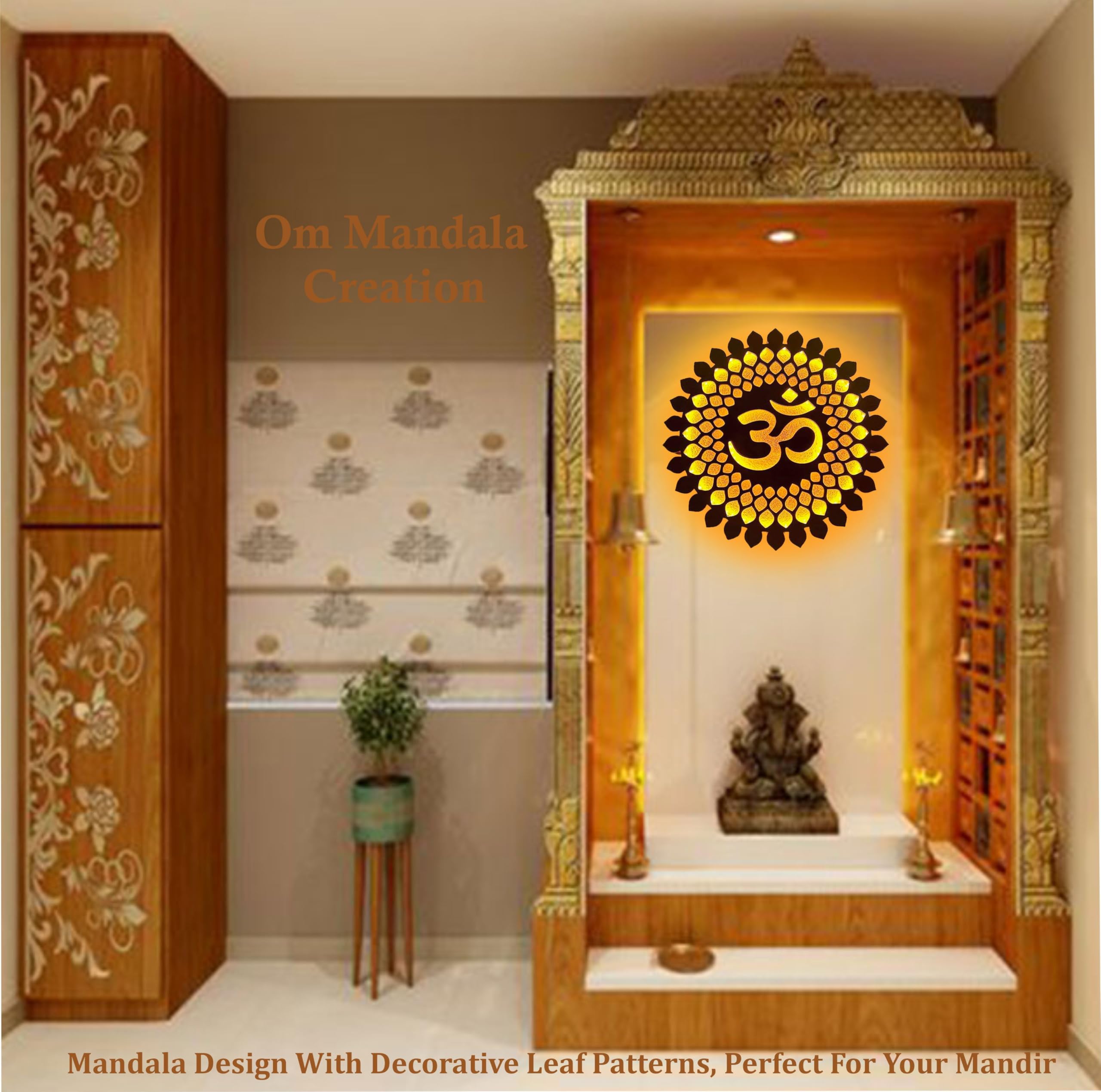 Wood Om Mandala Creation Om Mandala Wall Hanging Backlit Led Light Wall Decor Handcrafted Or Mdf Laser Cut Decorative For Home Office Temple Yoga Meditation Wall Decor & Gifting, (18X18 Inch.) 1