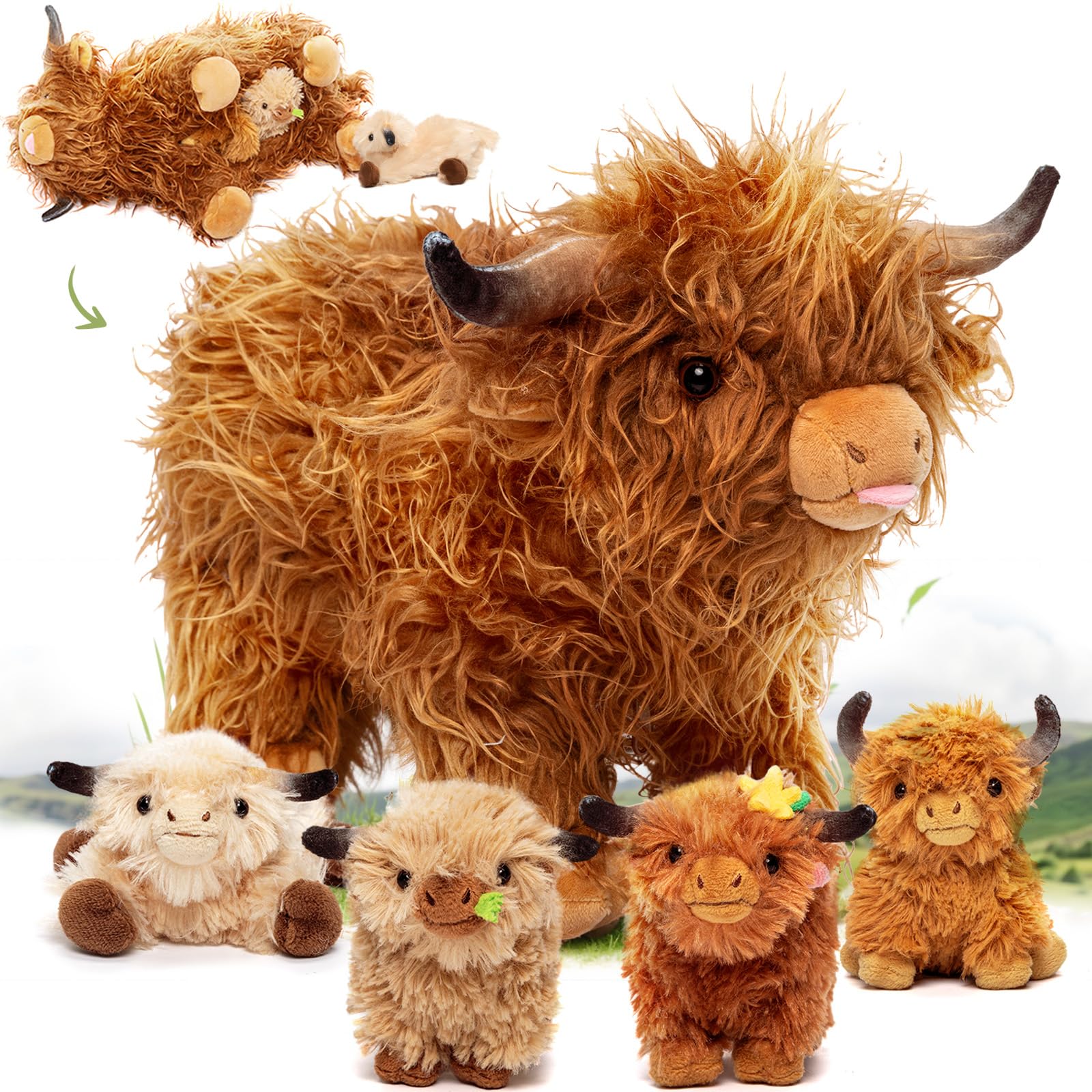 OUOZZZ Highland Cow Stuffed Animal – 14.5" Large Realistic Fluffy Cow Plush Toy with 4 Baby Calves – Travel-Friendly & Portable Gift for Baby Girls, Boys, Toddlers & Kids 3 Year OldCarbonfree Certified