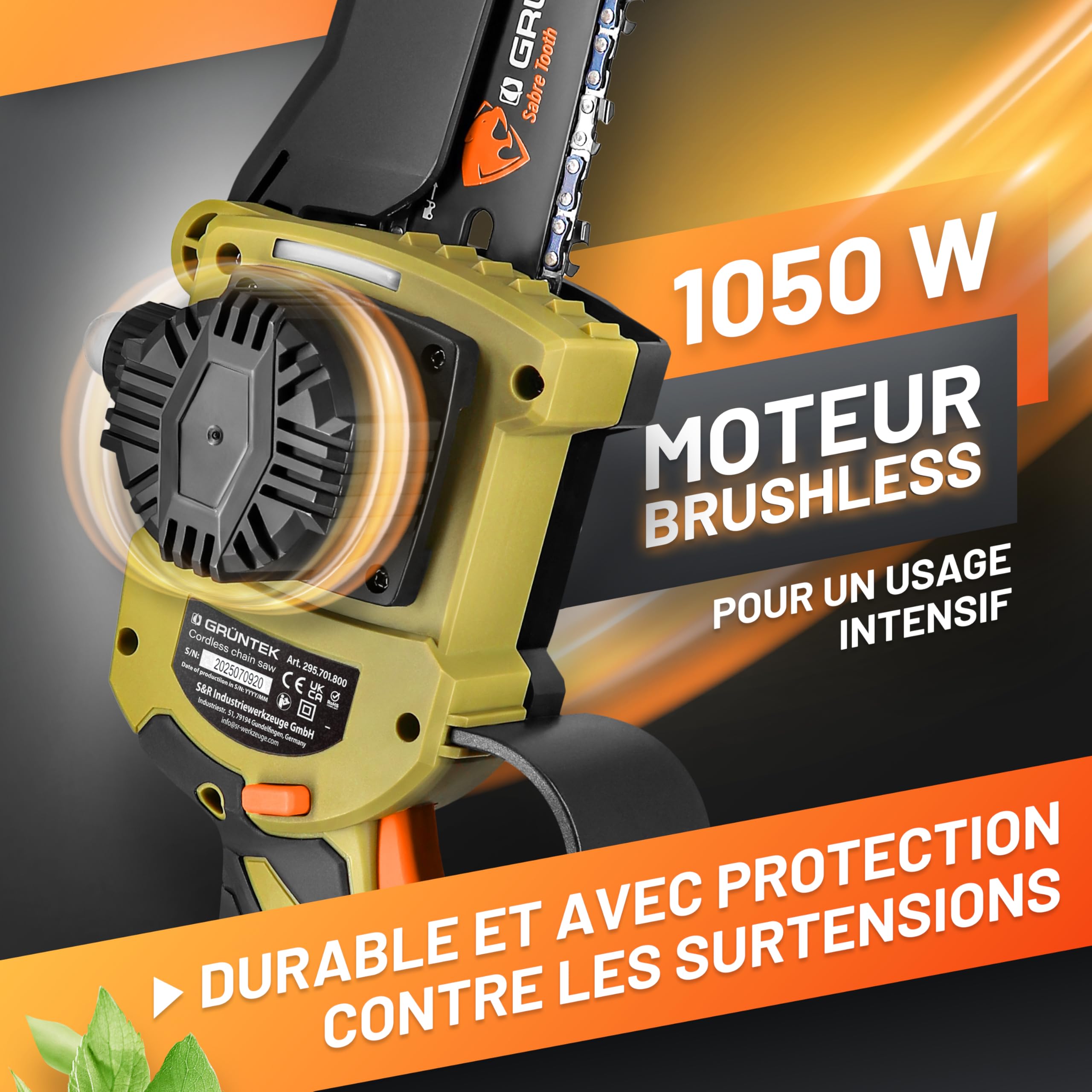 GRÜNTEK Mini Tronçonneuse à Batterie Sans Fil Brushless 21V Élagueuse Scie de Jardin Electrique avec 2 Batterie, 2 Chaînes. Kita avec accessoires de Jardin Gants et Lunettes
