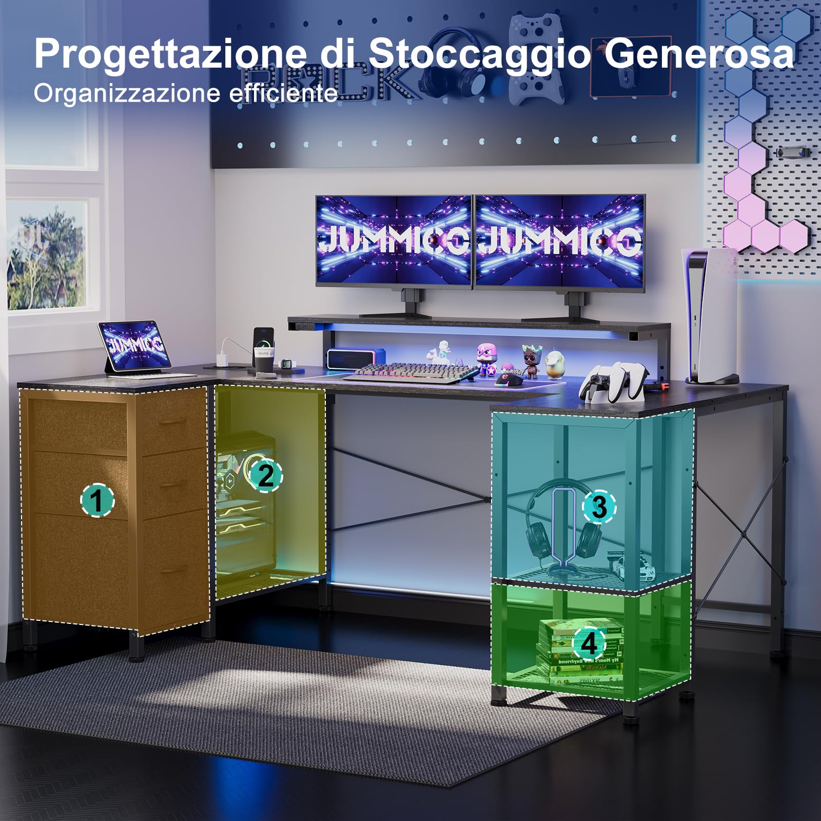JUMMICO Scrivania da Gaming Angolare a Forma L, 170x90cm con Illuminazione LED, Supporto Monitor Regolabile in Altezza, 3 Cassetti, 2 Prese e 2 Porte USB, Scrivania in Acciaio e Legno, Nero