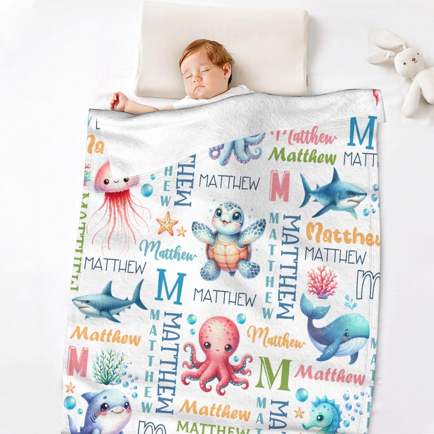 Personalized Baby Blanket for Girls Boys Sea ​​Animals Custom Baby Blanket with Name Swaddle Blanket for Toddlers Infants Kids Shower Newborns Nursery Stroller Crib Decor Throw Birthday Gift