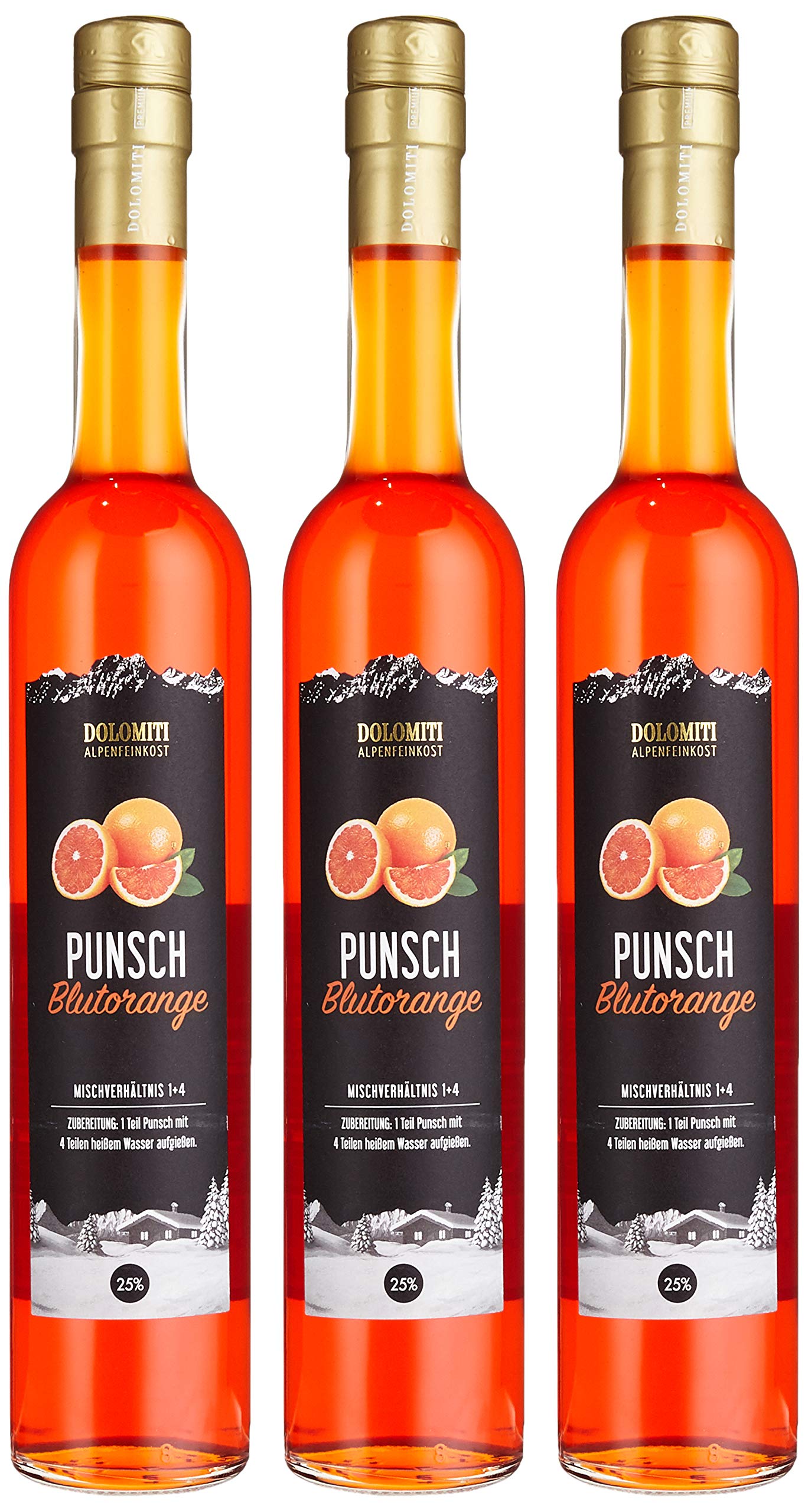 Blutorangen-Punsch 25% Von Dolomiti │ Fruchtiger Punsch Mit Winterlichen Gewürzen │ Besonders Ergiebig: Mischverhältnis 1 + 4 │3 X 0.5 Liter (Ergibt 7, 5 Liter Fertigen Punsch)