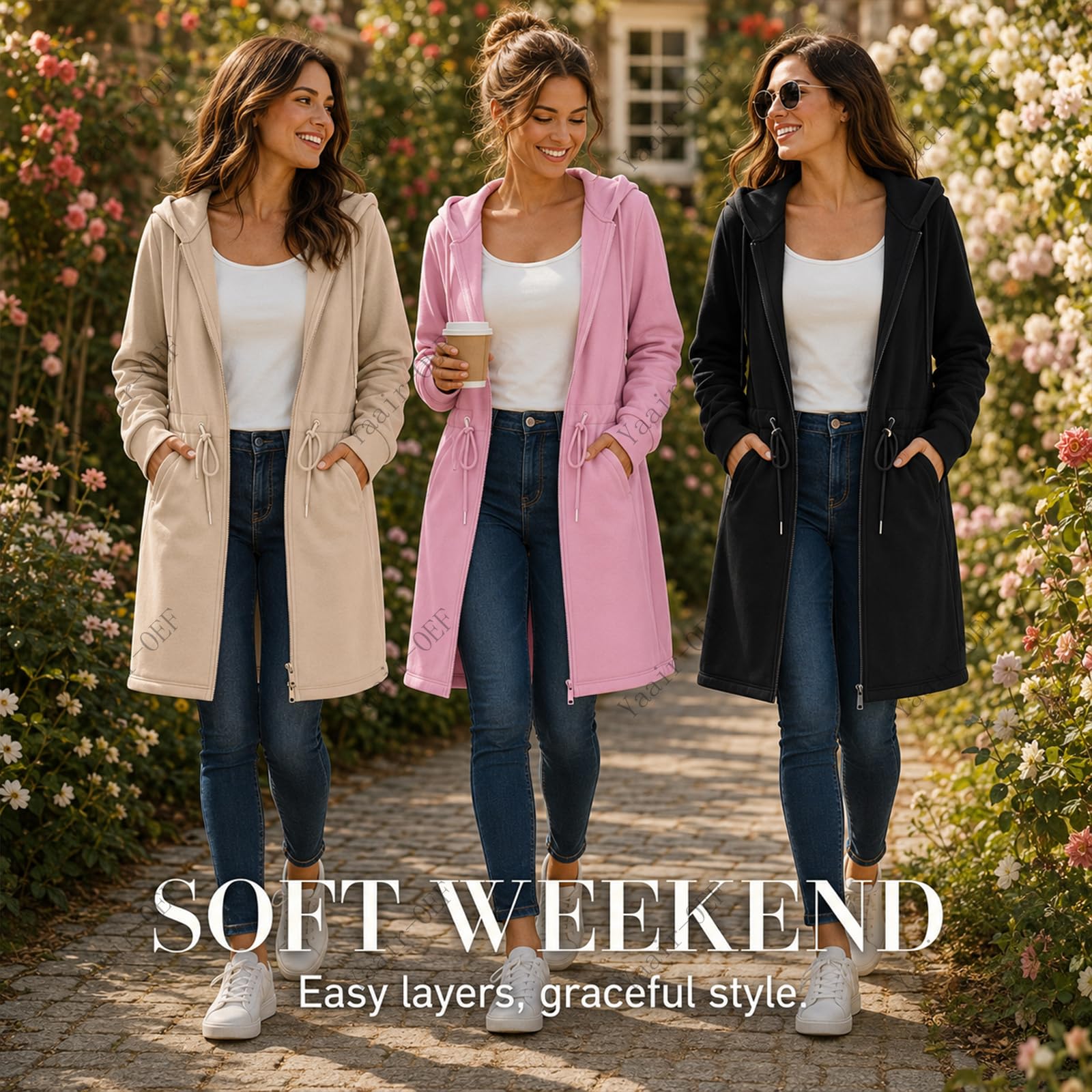 Veste Sweat Femme Longue Zippée à Capuche avec Cordon et Taille Réglable