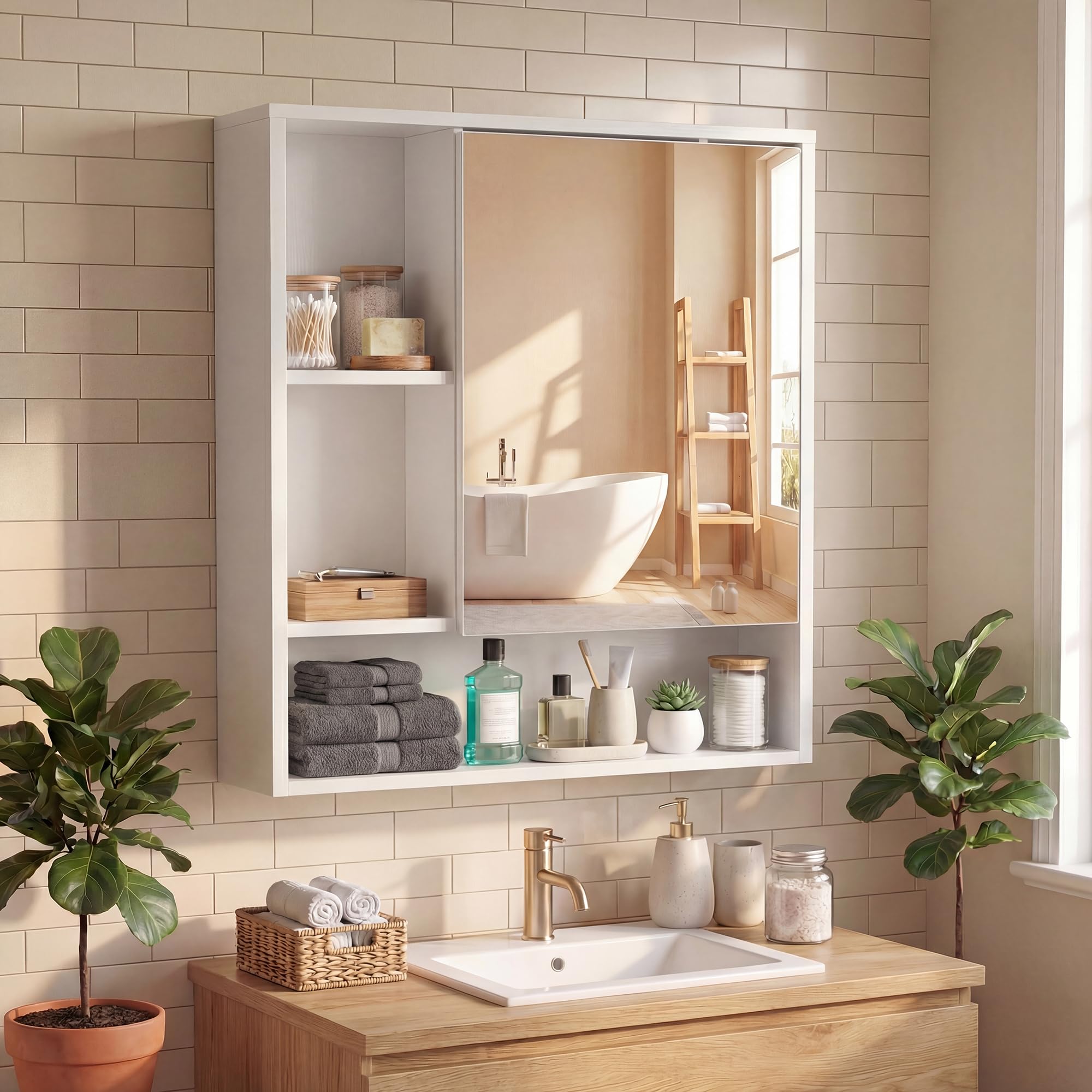 LIFEZEAL Armadietto da bagno a parete, mobile portaoggetti con anta a specchio, armadio, 3 ripiani aperti, portaoggetti salvaspazio moderno per cucina ingresso (bianco, 56 x 16 x 61 cm)