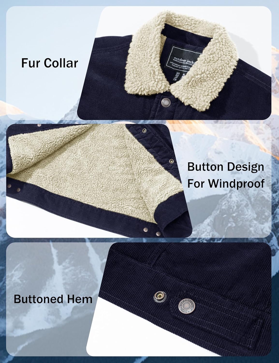 MAGNIVIT Men's Corduroy Fleece Cargo Jacket Winter Snap Button Lapel Sherpa Lined Trucker Cowboy Coat with 5 Pockets - Image 6