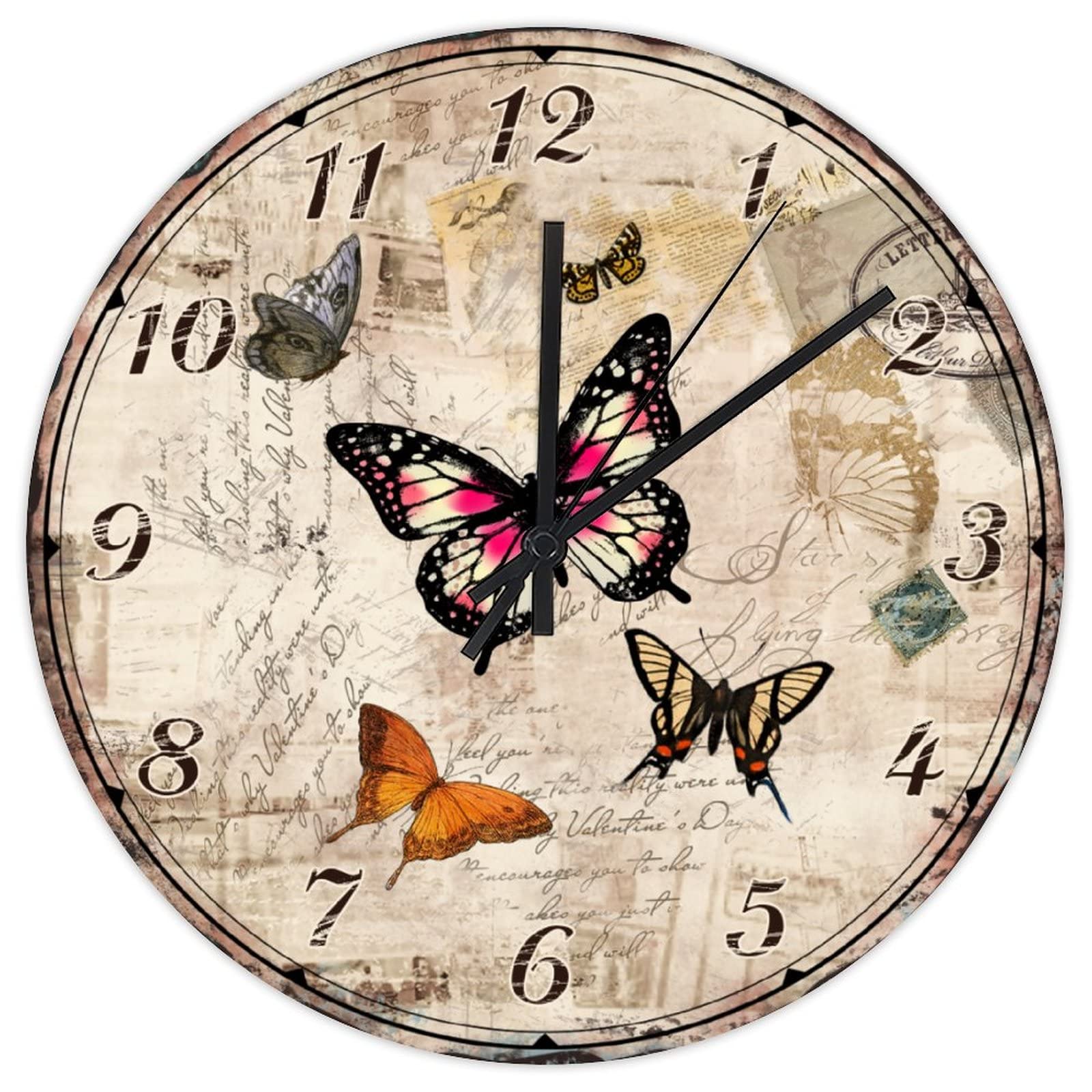 Horloges murales en bois avec papillon style vintage silencieuse pour salon et maison