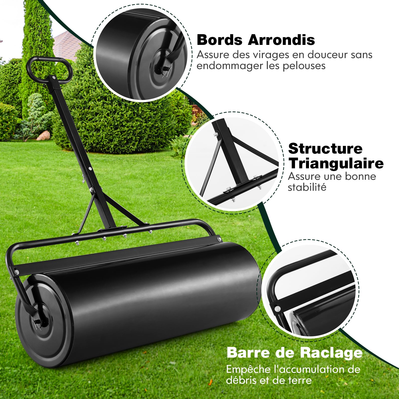 COSTWAY Rouleau à Gazon de Jardin en Métal avec Poignée de Préhension Détachable, Rouleau de Pelouse Rempli d'eau/Sable 113L- Ø 40 CM, Idéal pour Obtenir Pelouse (Noir)