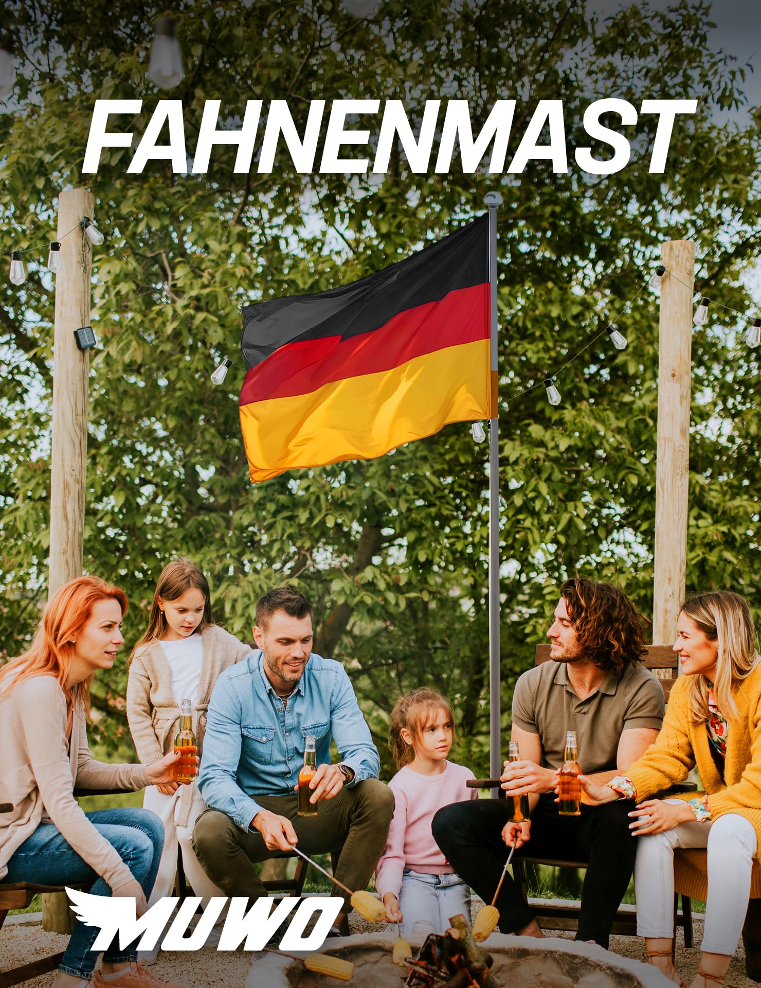 MUWO Glory Teleskop Fahnenmast mit Hissvorrichtung, höhenverstellbar von 2,1 m bis 6,1 m. Einfaches Stecksystem aus flexiblem, wetterfestem Aluminium, mit Bodenhülse. Geeignet für die Außenmontage