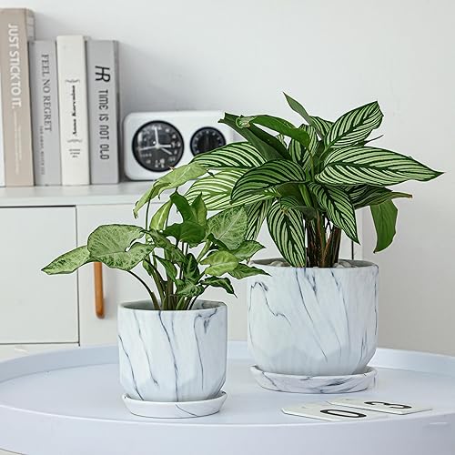 Miniatura 2 de Maceta negra con agujeros de drenaje y platillos, macetas de cerámica para plantas de interior y exterior, macetas sostenibles esmaltadas a mano de