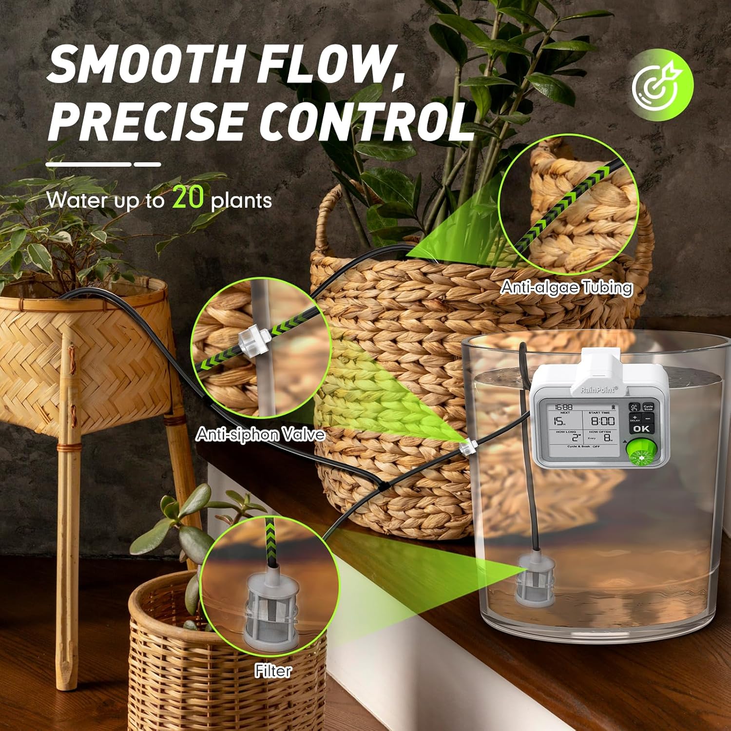 Detailed view of tubing connections and drip emitters in potted plants