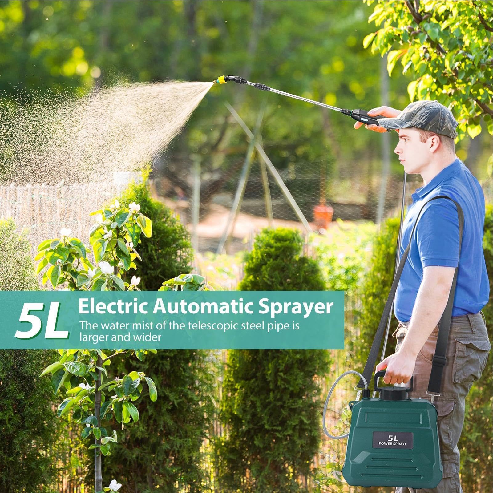 Spruzzatore a batteria da 5 litri per giardino - Spruzzatore da giardino con tracolla regolabile, spruzzatore elettrico da giardino con indicatore della batteria, spruzzatore da giardino, spruzzatore