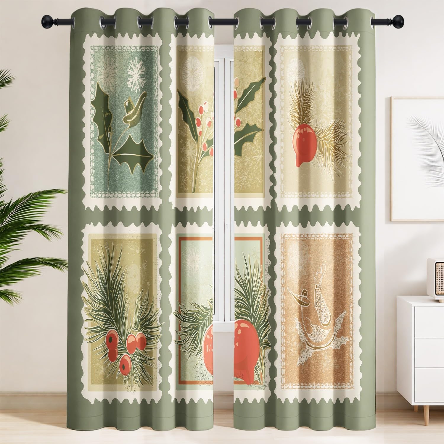Pieczęć bożonarodzeniowa, jemioła, płatki śniegu, firanki 135 x 200 cm, bardzo szeroka, z ochroną przed hałasem, nieprzejrzyste zasłony – retro, delikatne, hiperrealistyczne, rośliny do nowoczesnej