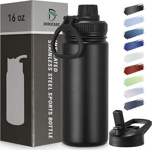 DOMICARE Botella de agua para niños de 16 onzas para la escuela, acero inoxidable, doble pared, aislada al vacĂo, con tapas de popote y tapa de DOMICARE Botella de agua para niños de 16 onzas para la escuela, acero inoxidable, doble pared, aislada al vacĂo, con tapas de popote y tapa de