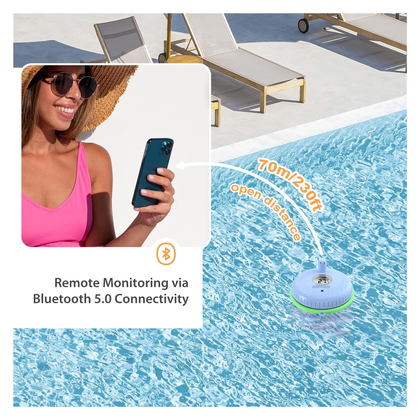 Termómetro de piscina con Bluetooth, inteligente, flotante, for interiores y exteriores, ideal for piscinas, bañeras, estanques aguas termales