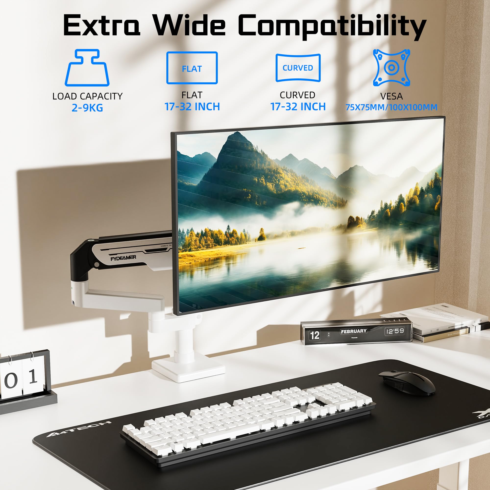 Fydeamer Braccio singolo per monitor, resistente supporto a molla a gas con regolazione dell'altezza e inclinazione per schermi da 17-32 pollici fino a 9 kg, supporto da scrivania VESA regolabile con