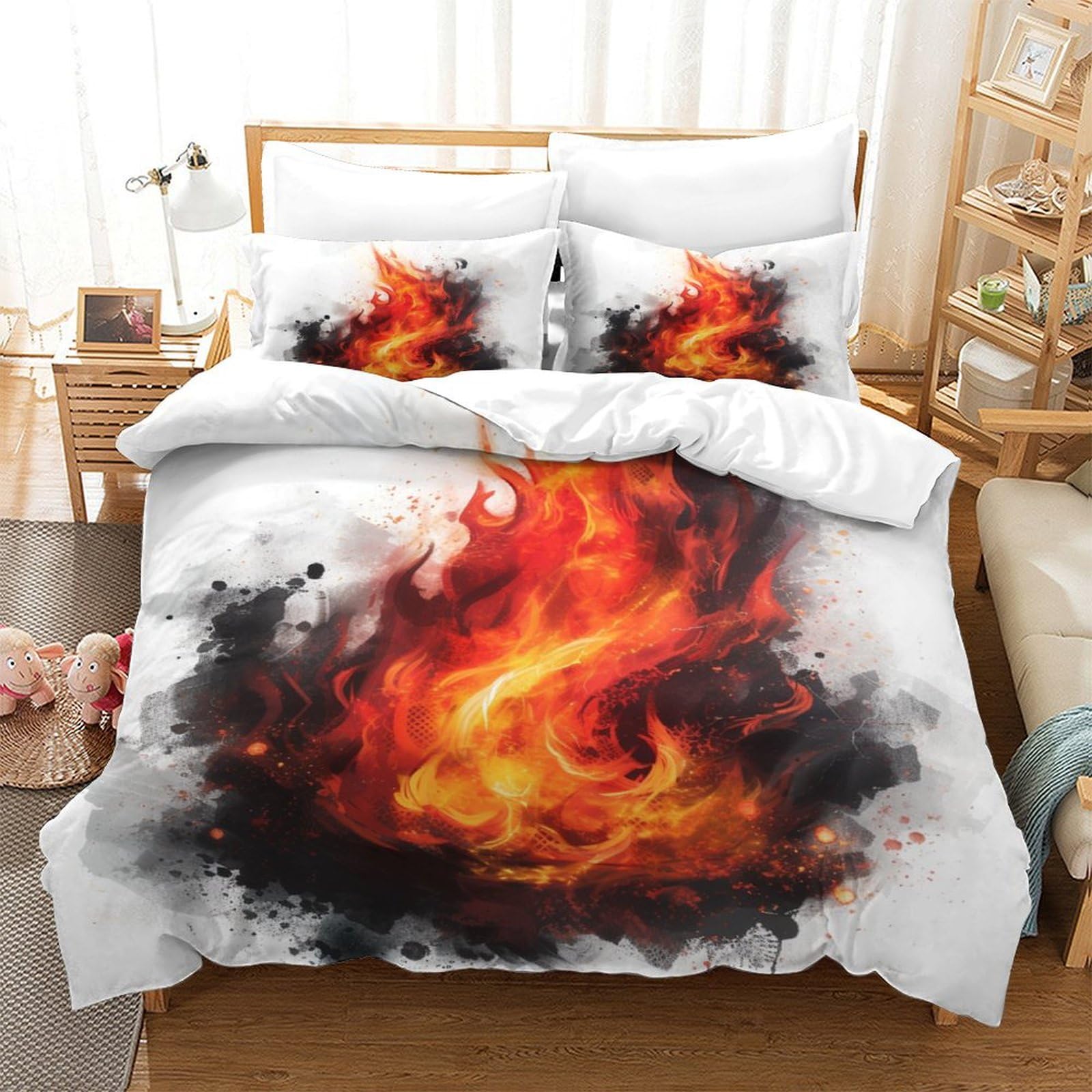 P1s9u7w5y Burning Splash 3D Printed Flame Art Duvet Cover Set 3Pcs Microfiber Fire Bedding Set Bedroom Decor Double（200X200cm）