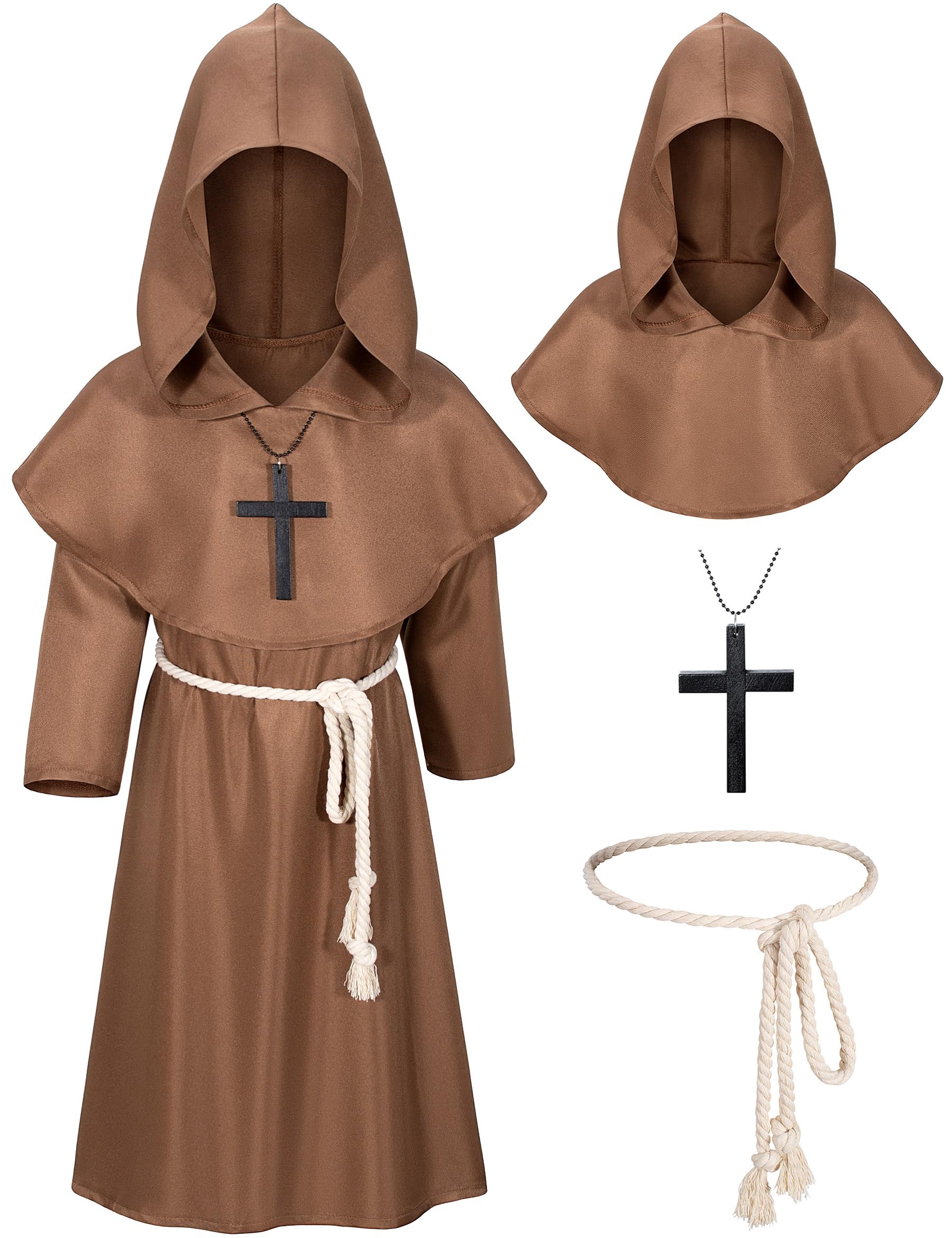 Kids Medieval Renaissance Monk Costume Priest Friar Wizard Cloak Hooded Robe Cosplay Costume Belt Necklace Set