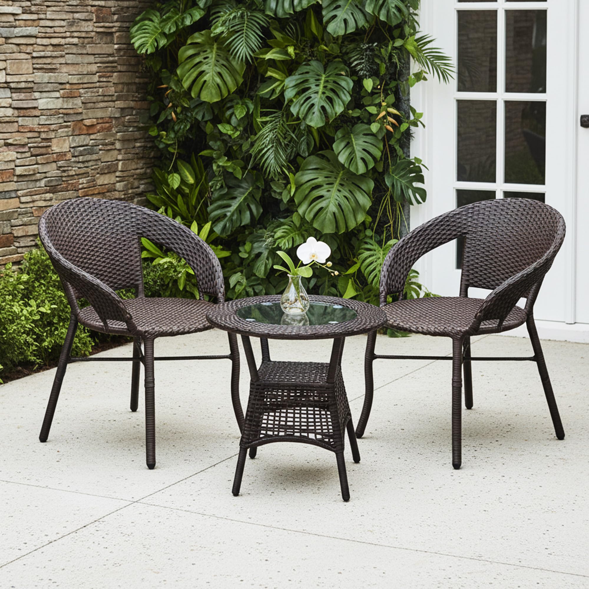 devoko outdoor 3 piece all weather wicker patio rattan chair and table bistro set with powder coated iron frame for balcony, garden, poolside, deck (dark brown)